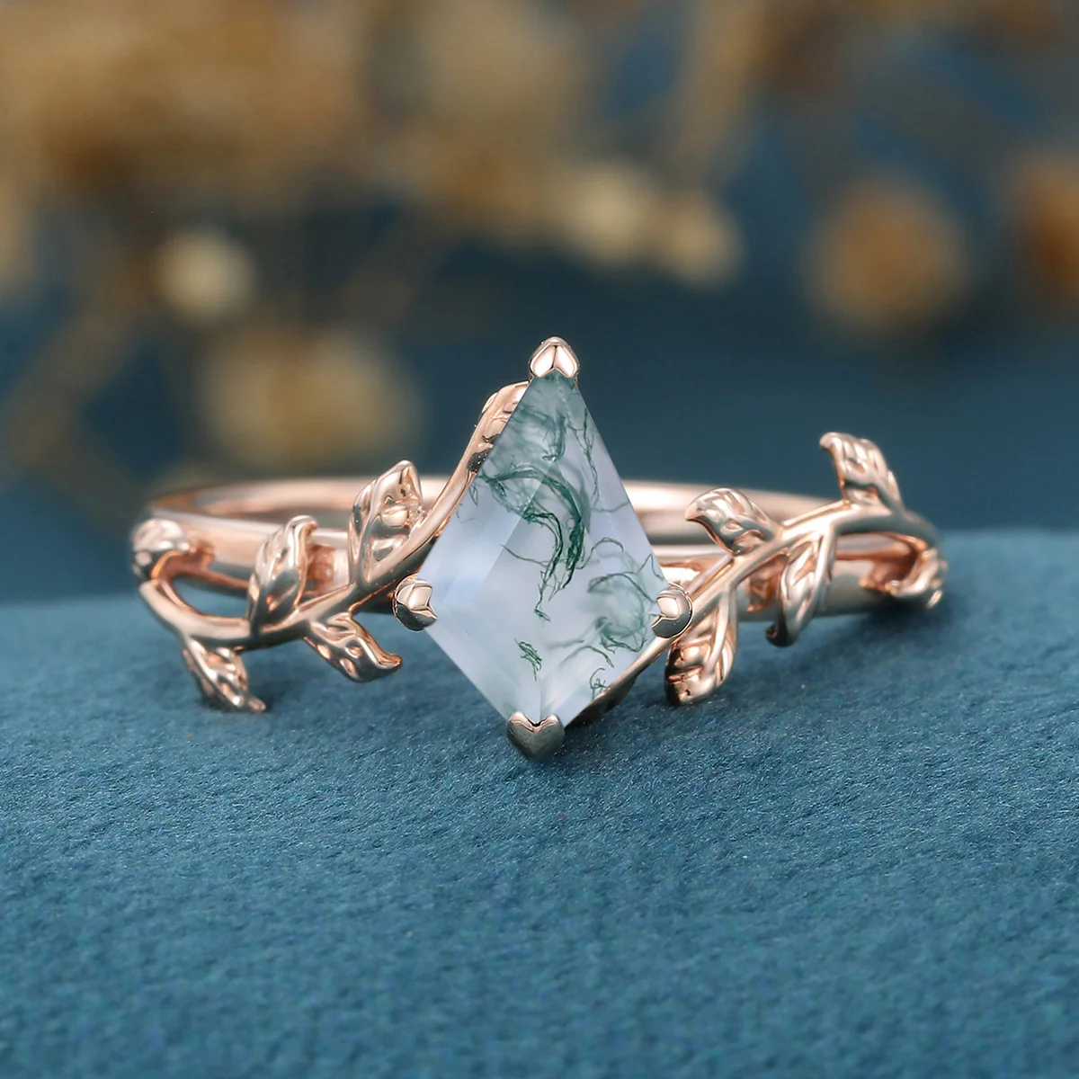 Kite Cut Natural Green Moss Agate Cluster Engagement Ring - Image 6