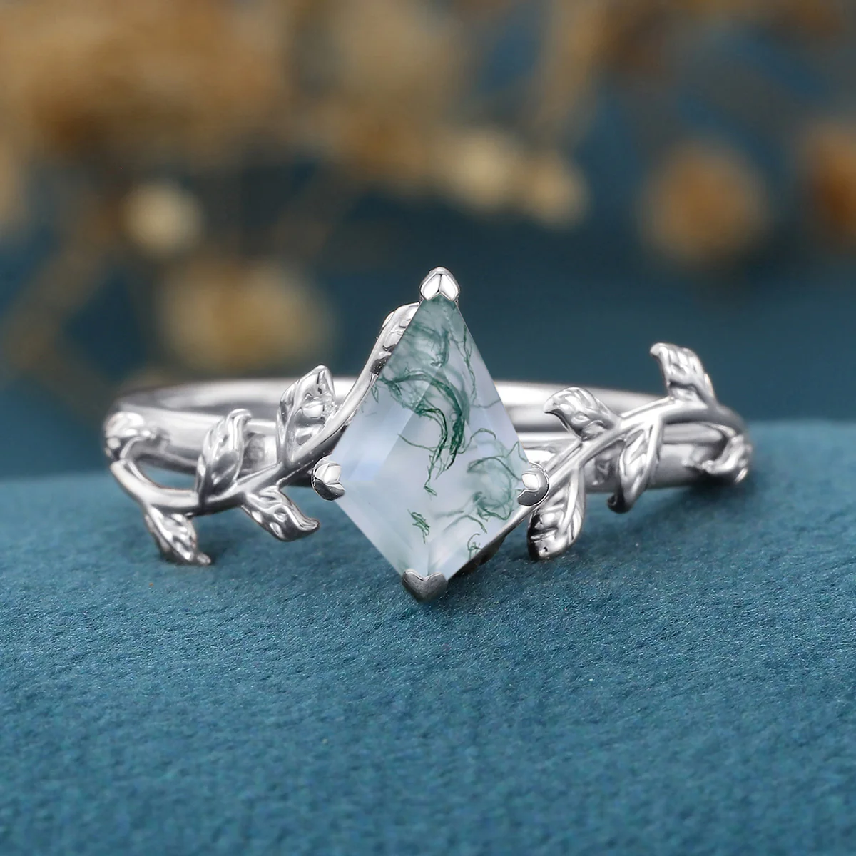 Kite Cut Natural Green Moss Agate Cluster Engagement Ring - Image 7