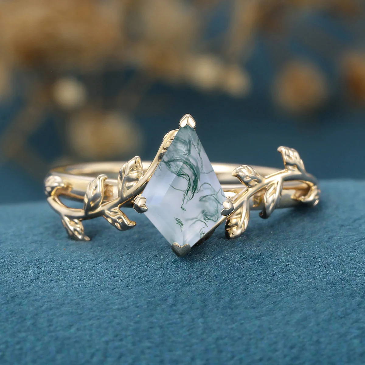 Kite Cut Natural Green Moss Agate Cluster Engagement Ring - Image 8