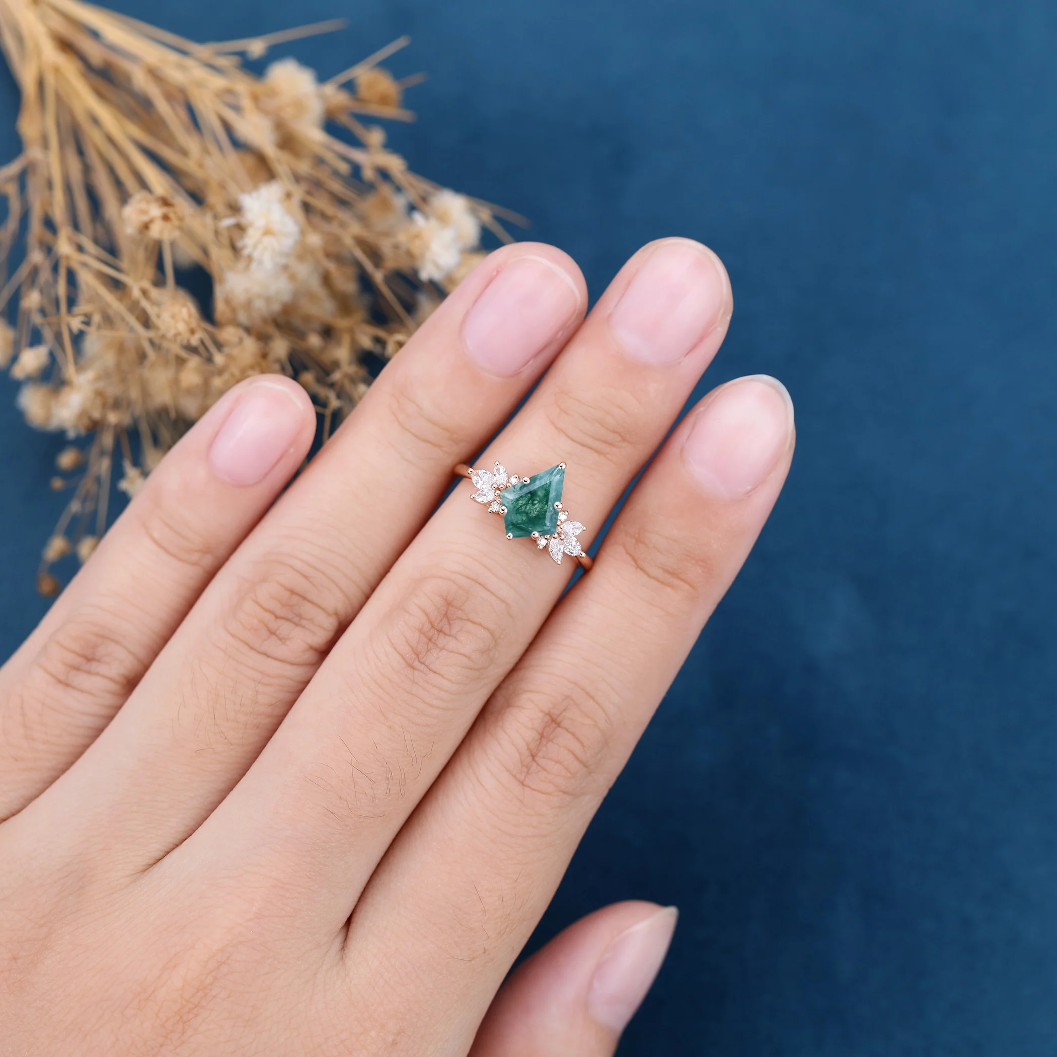 Kite Cut Natural Green Moss Agate Cluster Engagement Ring - Image 2