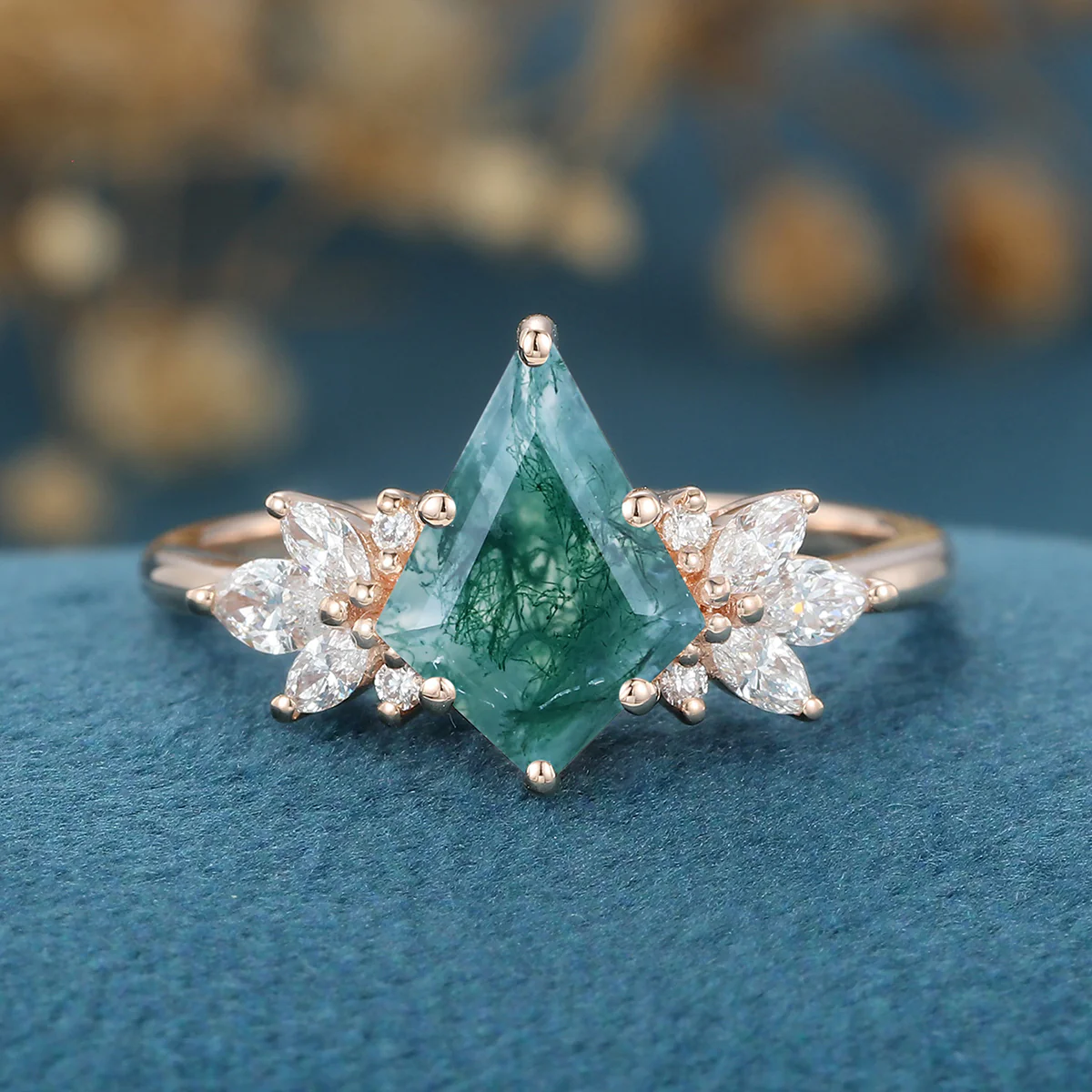 Kite Cut Natural Green Moss Agate Cluster Engagement Ring - Image 9