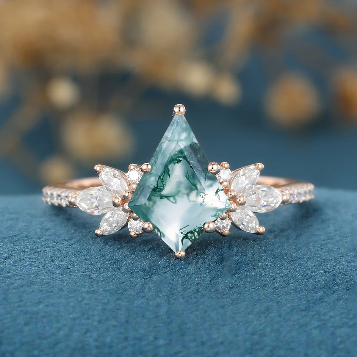 Kite Cut Natural Green Moss Agate Cluster Engagement Ring - Image 3