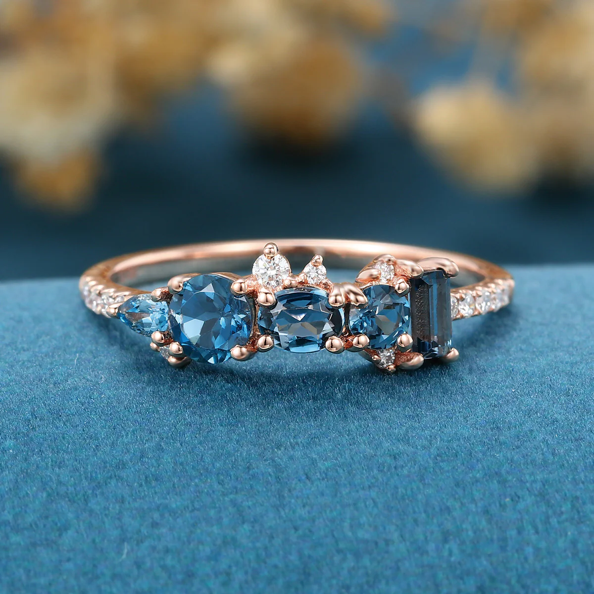 London Blue Topaz Matching Moissanite | Diamond Half Eternity Wedding Band - Image 3
