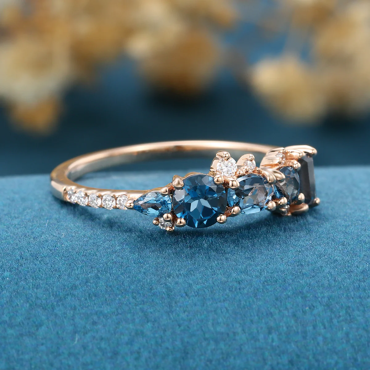 London Blue Topaz Matching Moissanite | Diamond Half Eternity Wedding Band - Image 4