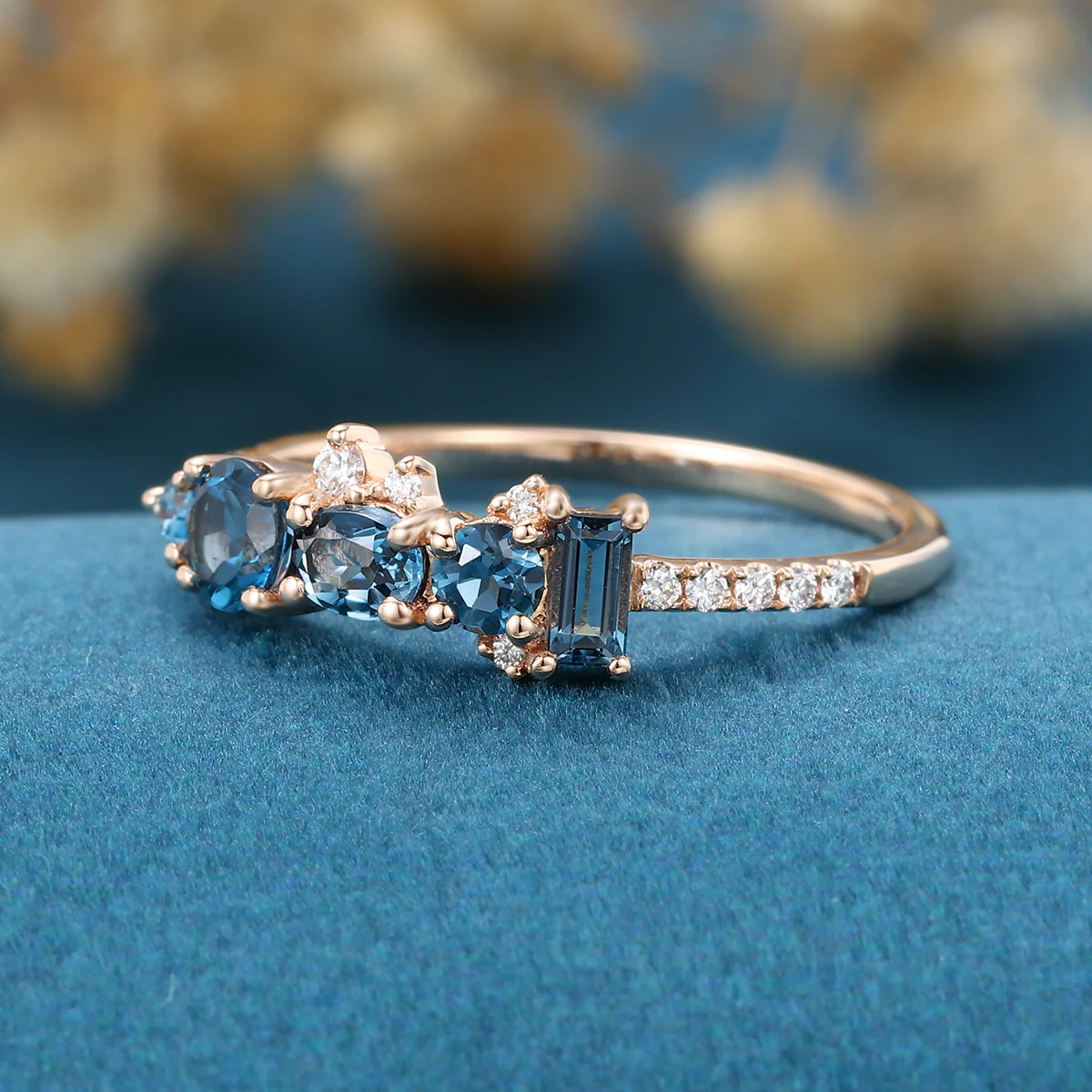 London Blue Topaz Matching Moissanite | Diamond Half Eternity Wedding Band - Image 5