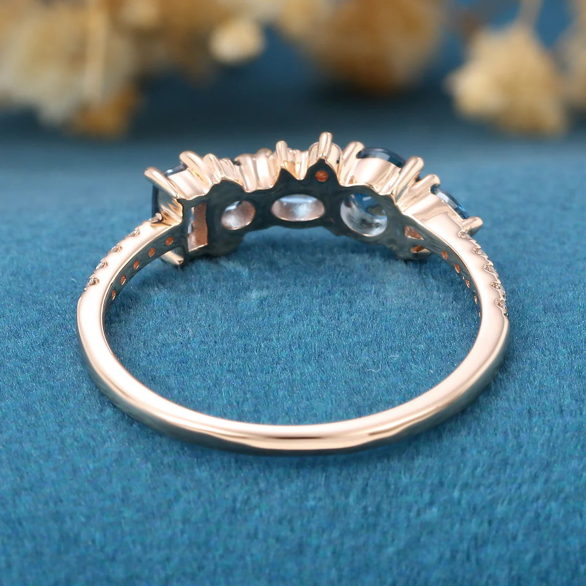 London Blue Topaz Matching Moissanite | Diamond Half Eternity Wedding Band - Image 6