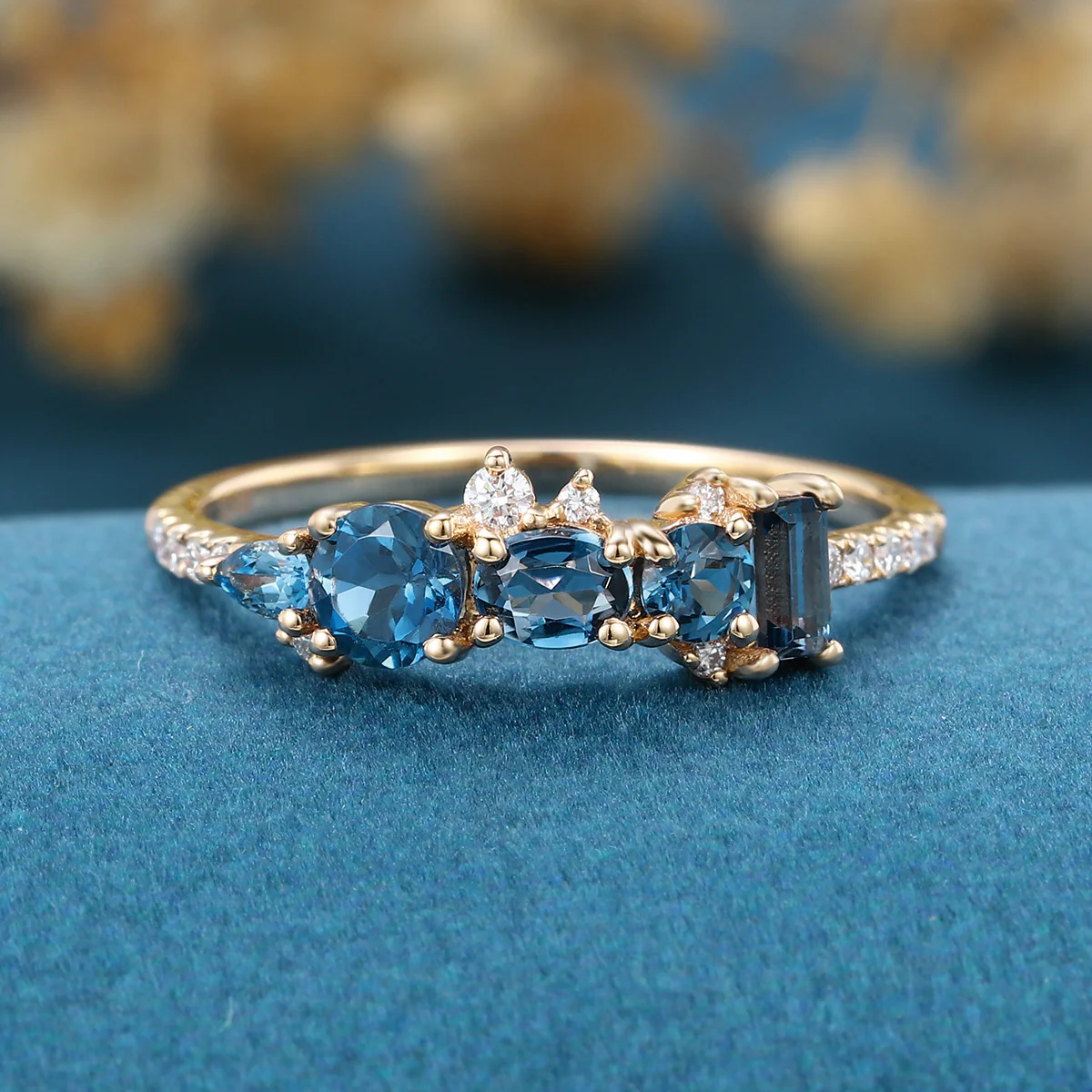 London Blue Topaz Matching Moissanite | Diamond Half Eternity Wedding Band - Image 7