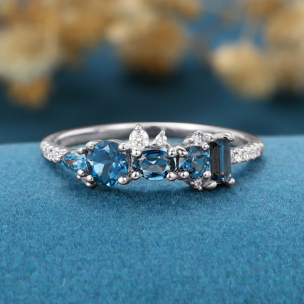 London Blue Topaz Matching Moissanite | Diamond Half Eternity Wedding Band - Image 8