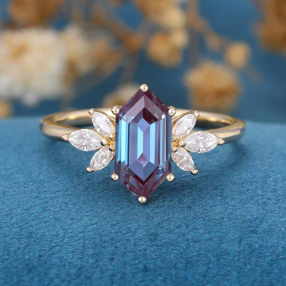 Long Hexagon cut Lab Alexandrite | Diamond Engagement ring - Image 8