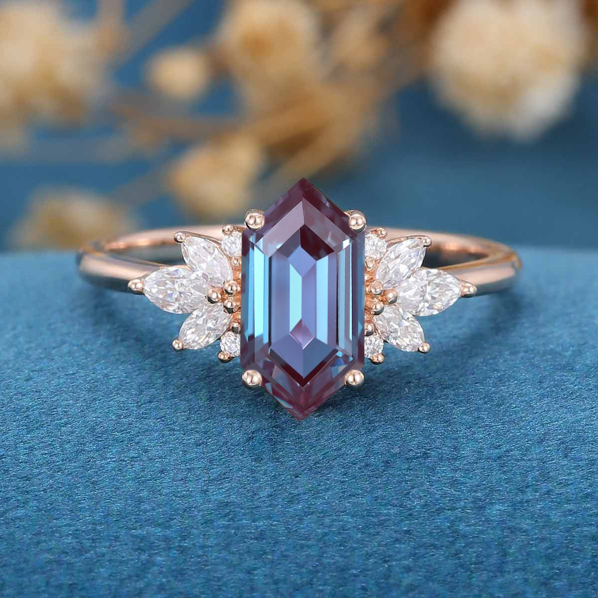 Long Hexagon cut Alexandrite | Diamond Engagement ring - Image 3