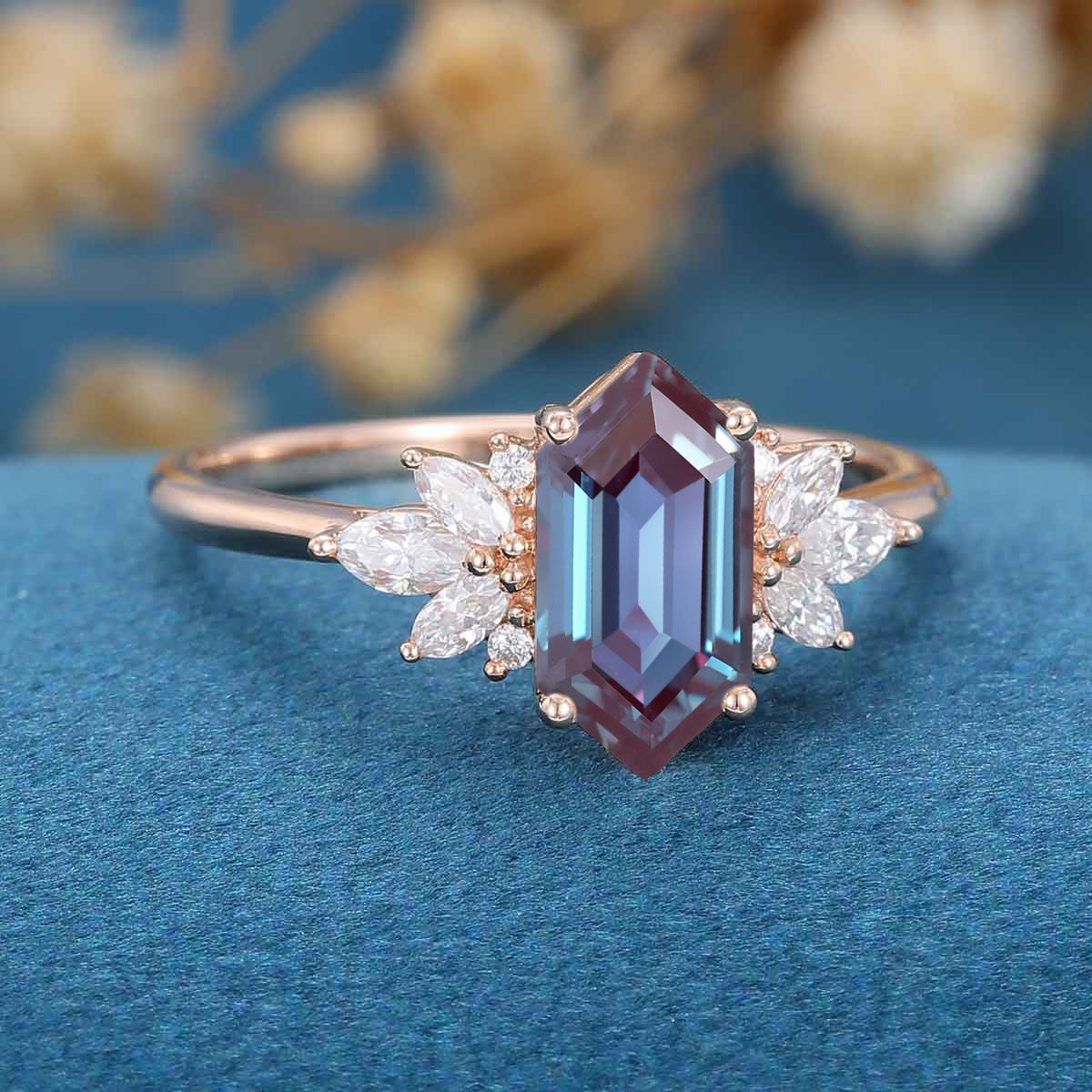 Long Hexagon cut Alexandrite | Diamond Engagement ring - Image 4