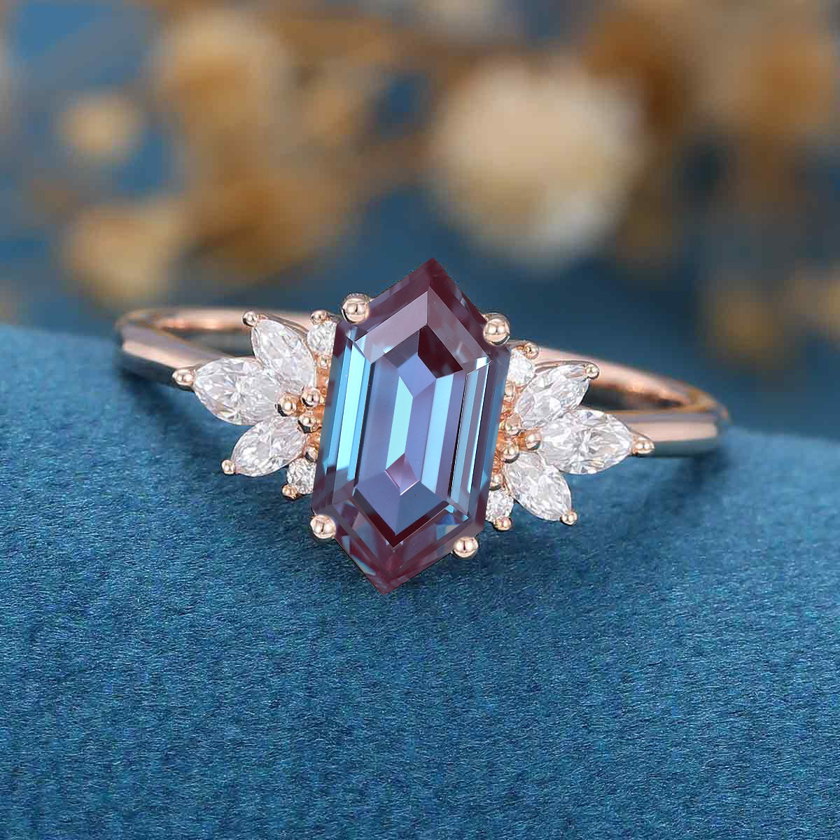Long Hexagon cut Alexandrite | Diamond Engagement ring - Image 5