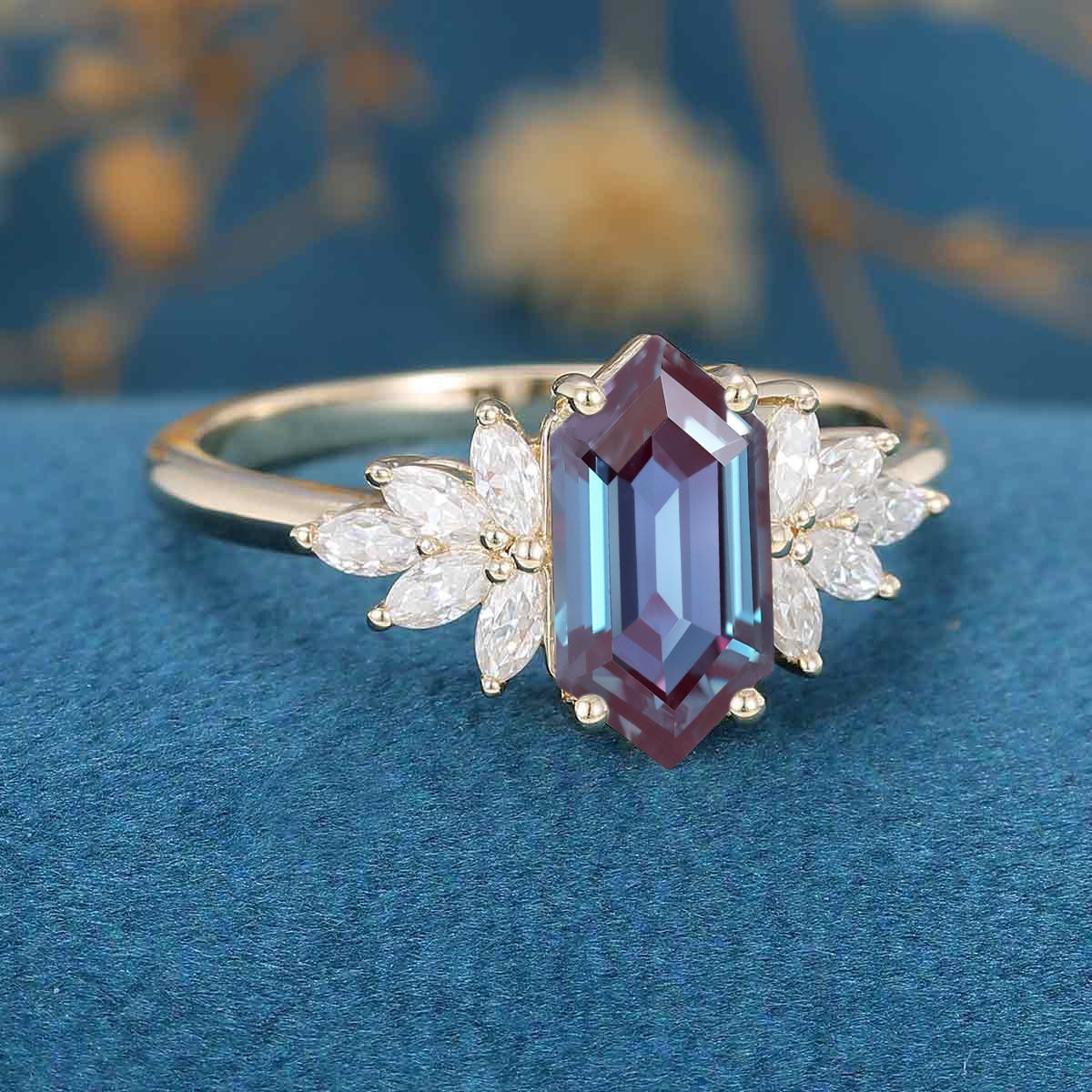 Long Hexagon cut Lab Alexandrite Engagement ring - Image 5