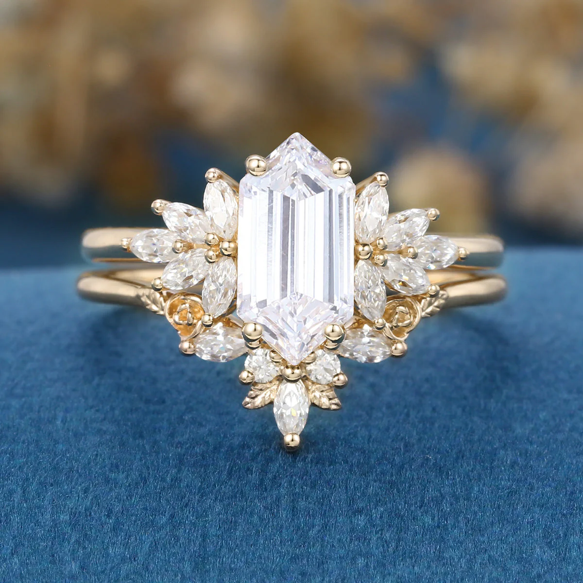 Long Hexagon cut Lab-Grown Diamond Wedding Bridal Set - Image 10