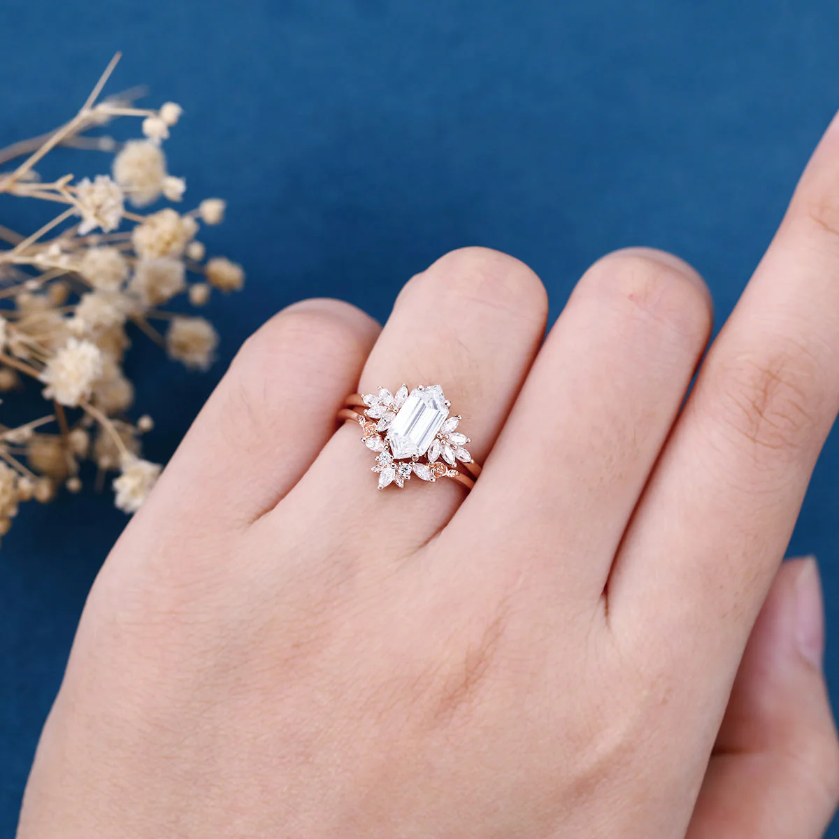 Long Hexagon cut Lab-Grown Diamond Wedding Bridal Set - Image 2