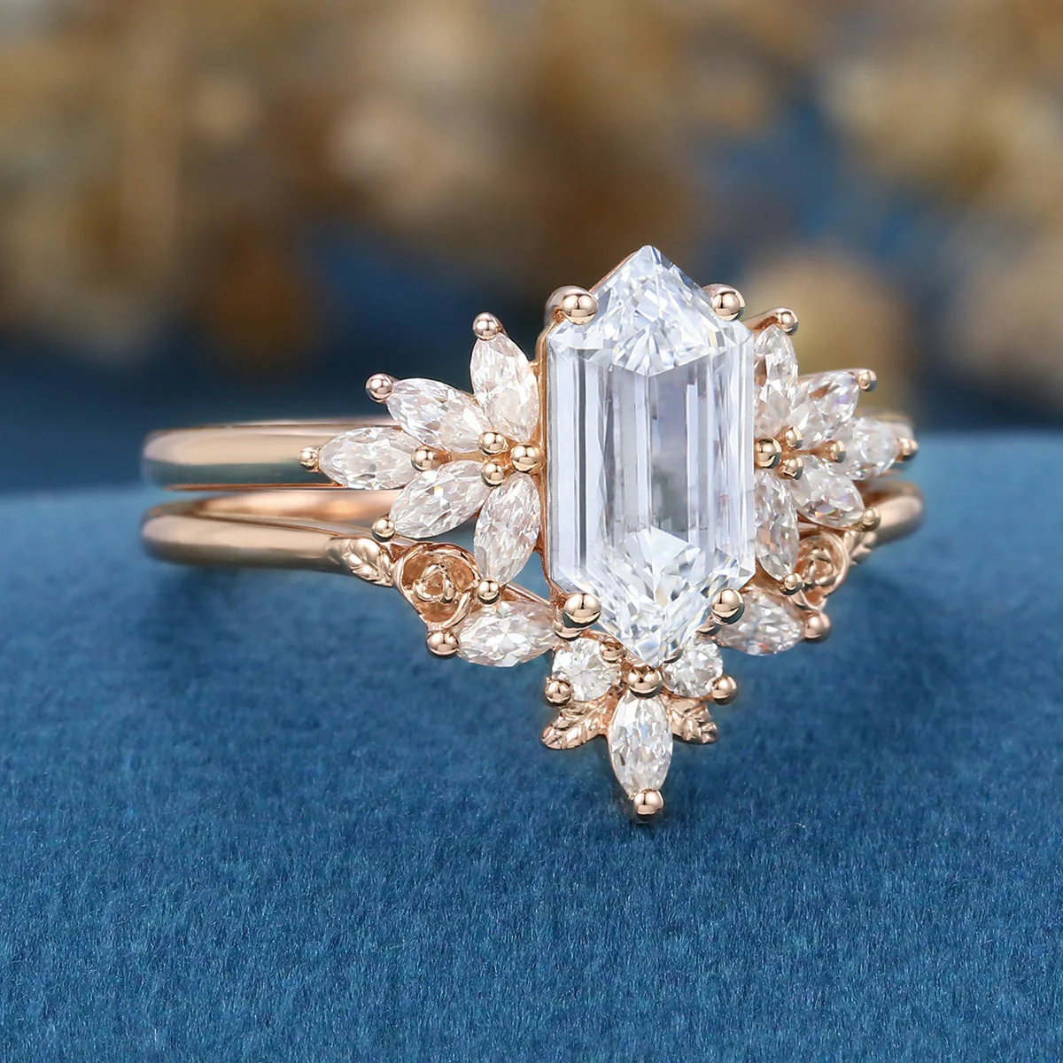 Long Hexagon cut Lab-Grown Diamond Wedding Bridal Set - Image 4