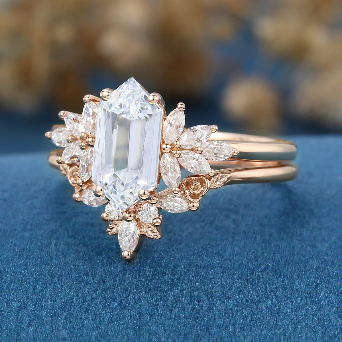 Long Hexagon cut Lab-Grown Diamond Wedding Bridal Set - Image 5