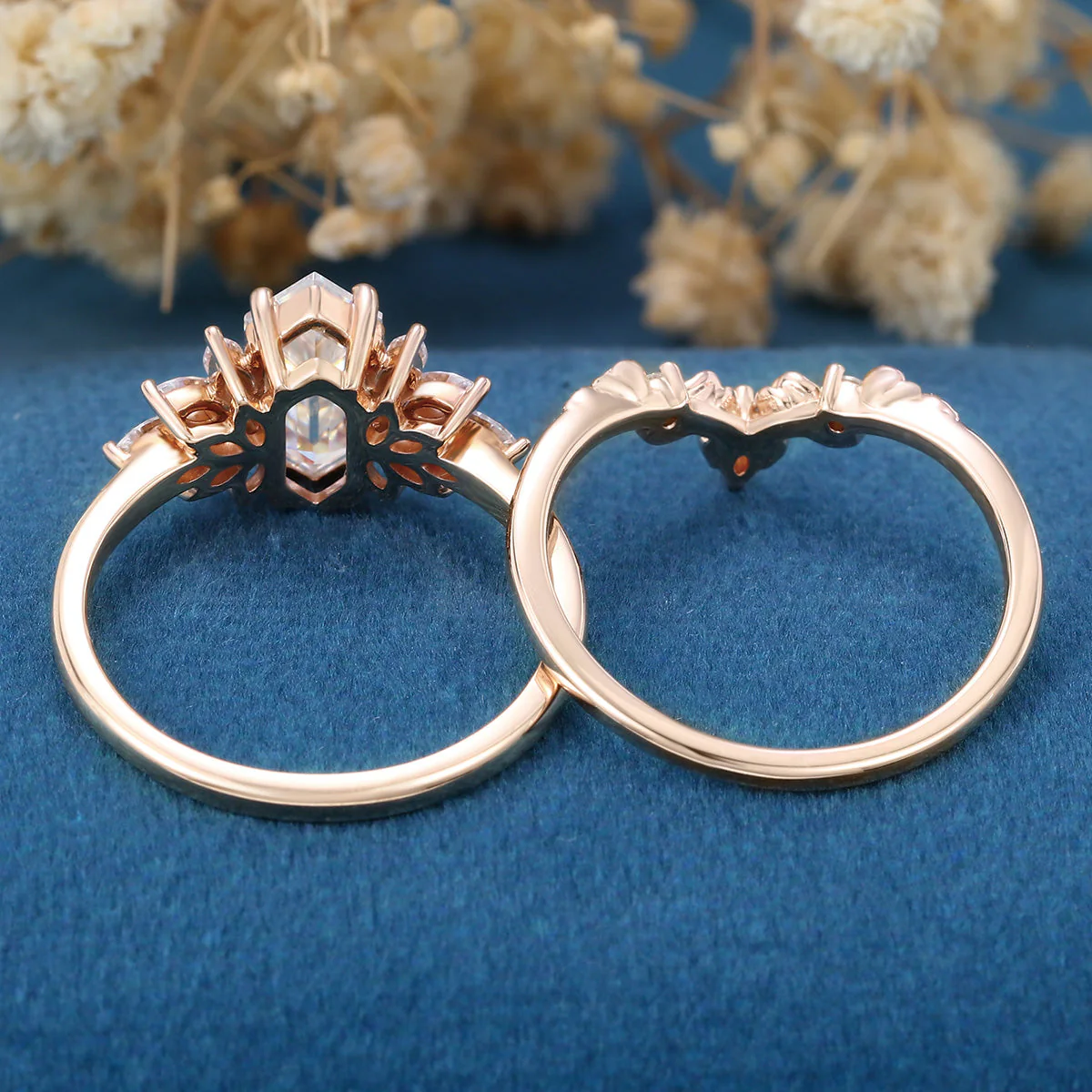 Long Hexagon cut Lab-Grown Diamond Wedding Bridal Set - Image 6