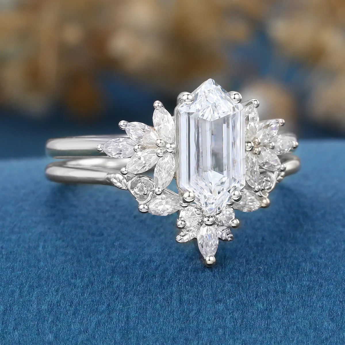 Long Hexagon cut Lab-Grown Diamond Wedding Bridal Set - Image 8