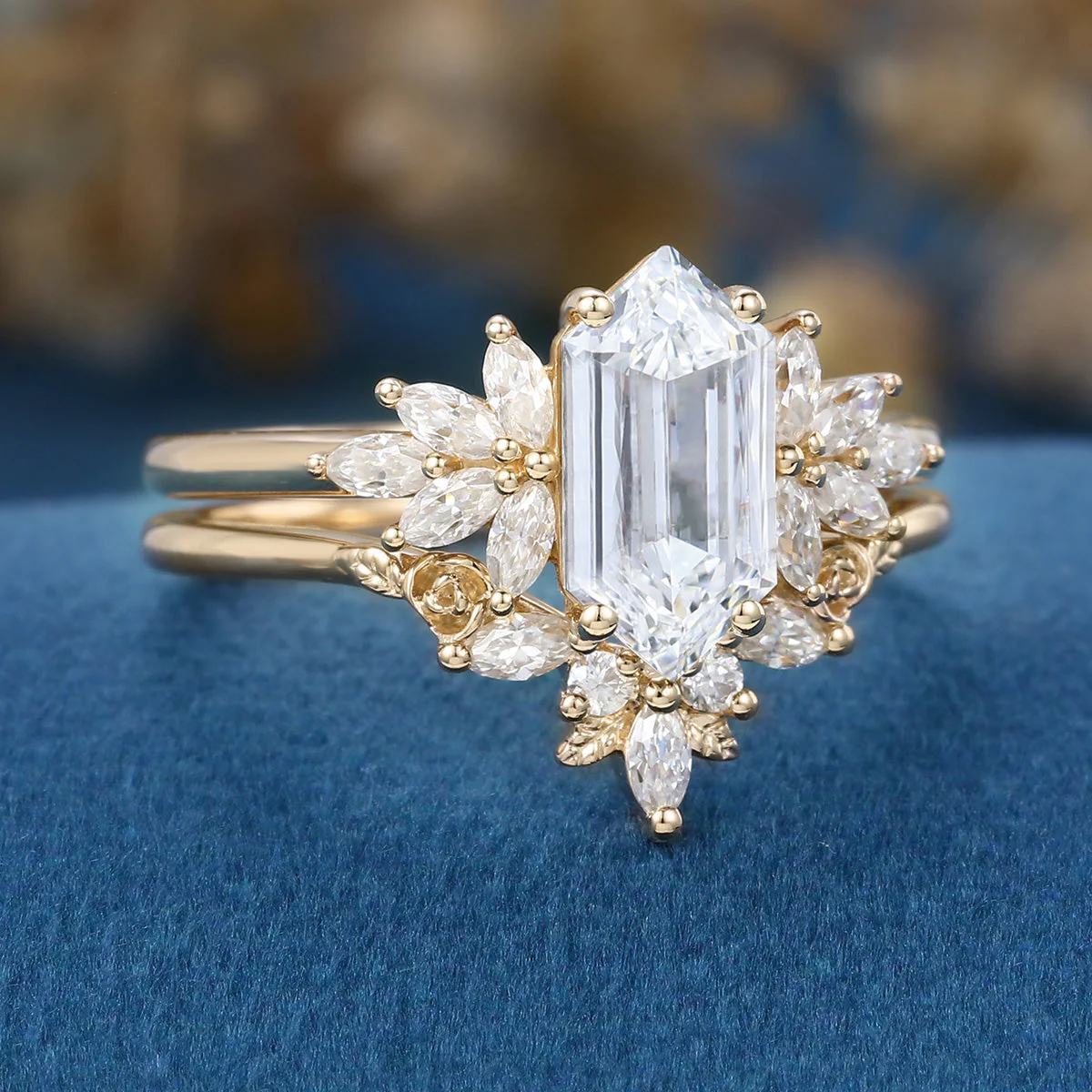Long Hexagon cut Lab-Grown Diamond Wedding Bridal Set - Image 9