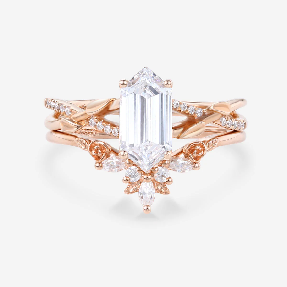 Long Hexagon cut Lab-Grown Diamond Wedding Bridal Set