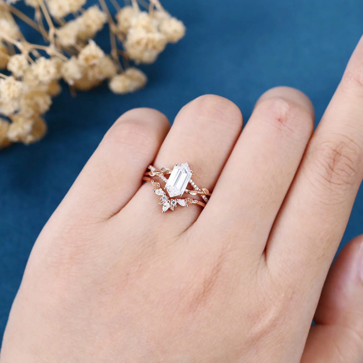 Long Hexagon cut Lab-Grown Diamond Wedding Bridal Set - Image 2