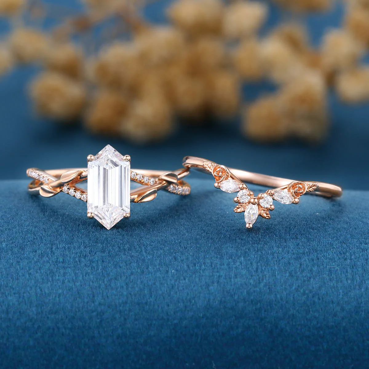Long Hexagon cut Lab-Grown Diamond Wedding Bridal Set - Image 3