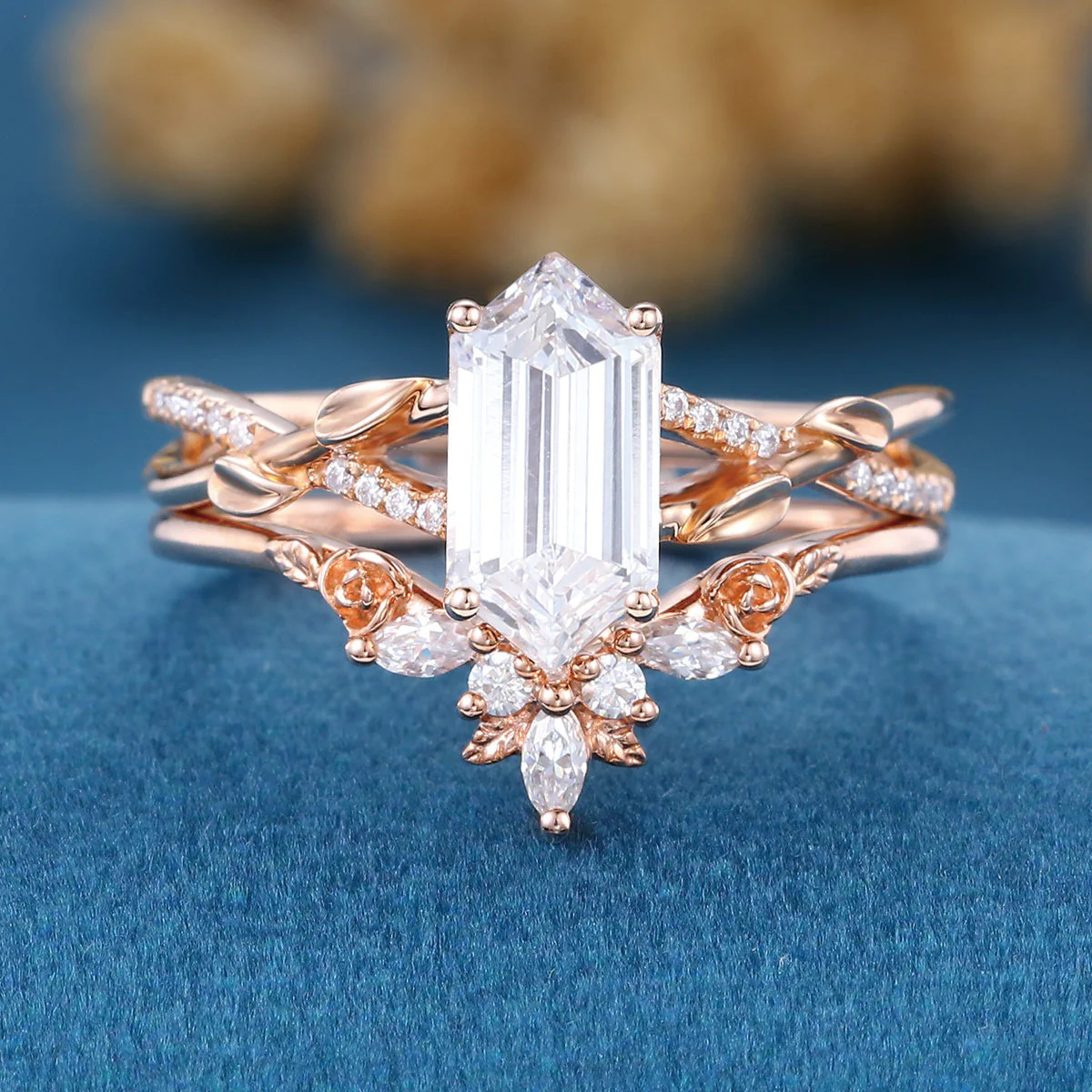 Long Hexagon cut Lab-Grown Diamond Wedding Bridal Set - Image 4