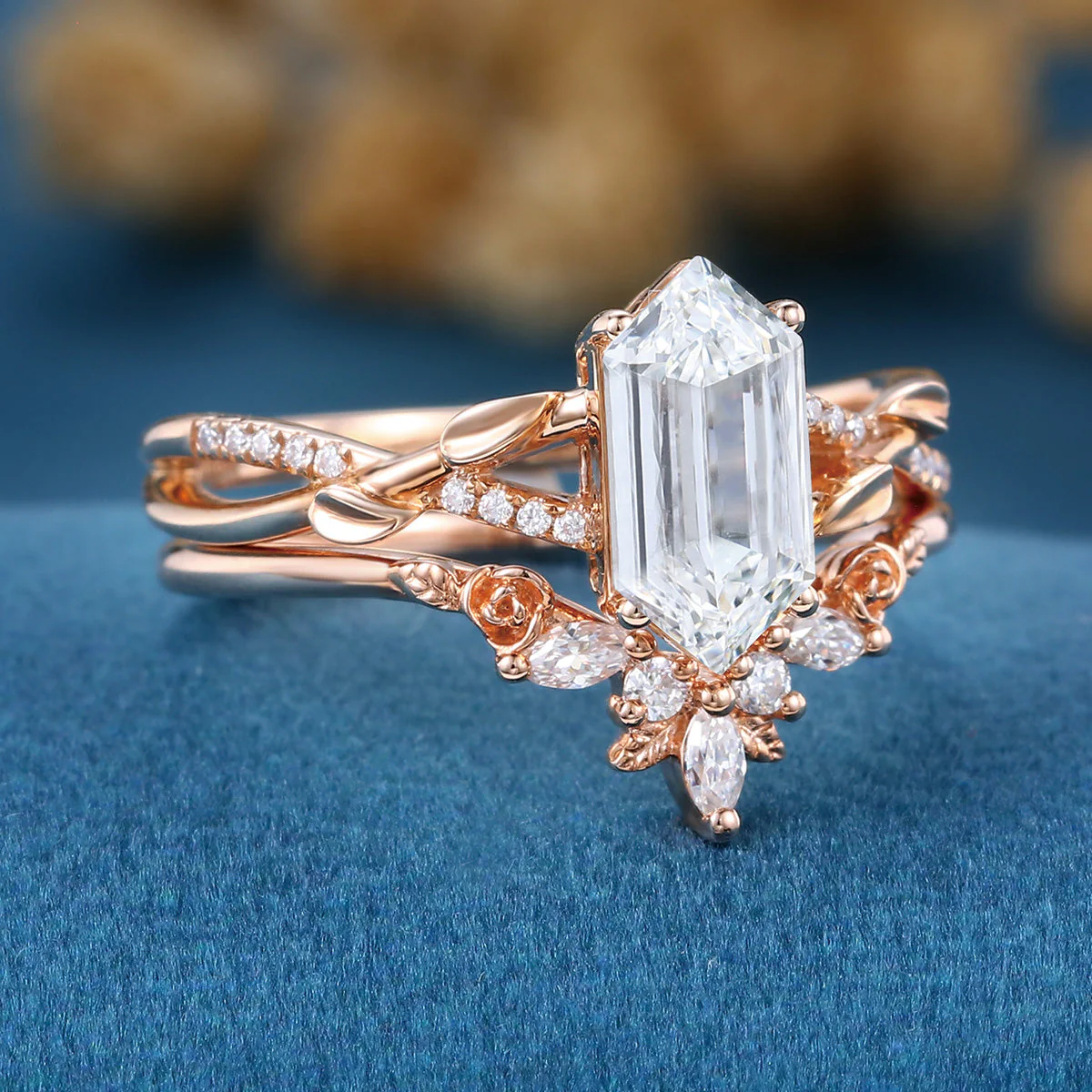 Long Hexagon cut Lab-Grown Diamond Wedding Bridal Set - Image 5