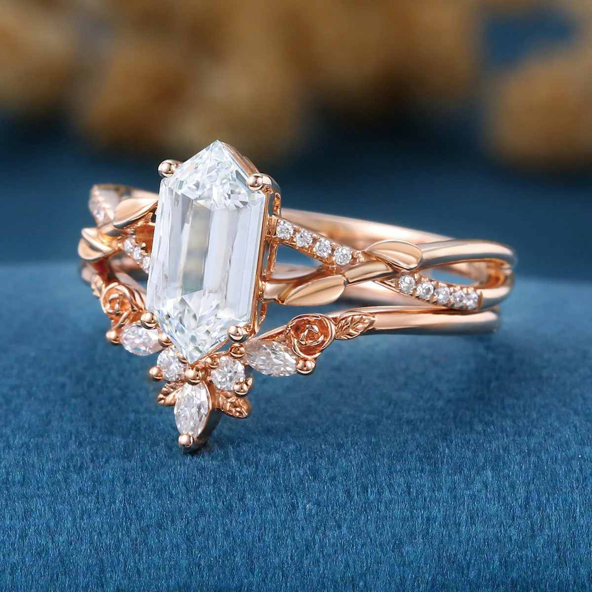 Long Hexagon cut Lab-Grown Diamond Wedding Bridal Set - Image 6