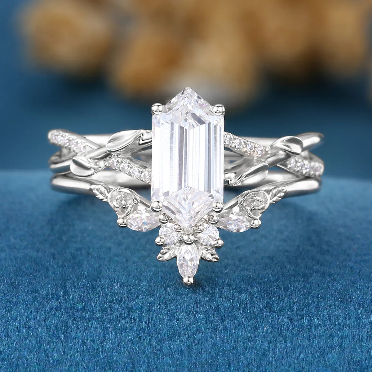 Long Hexagon cut Lab-Grown Diamond Wedding Bridal Set - Image 8