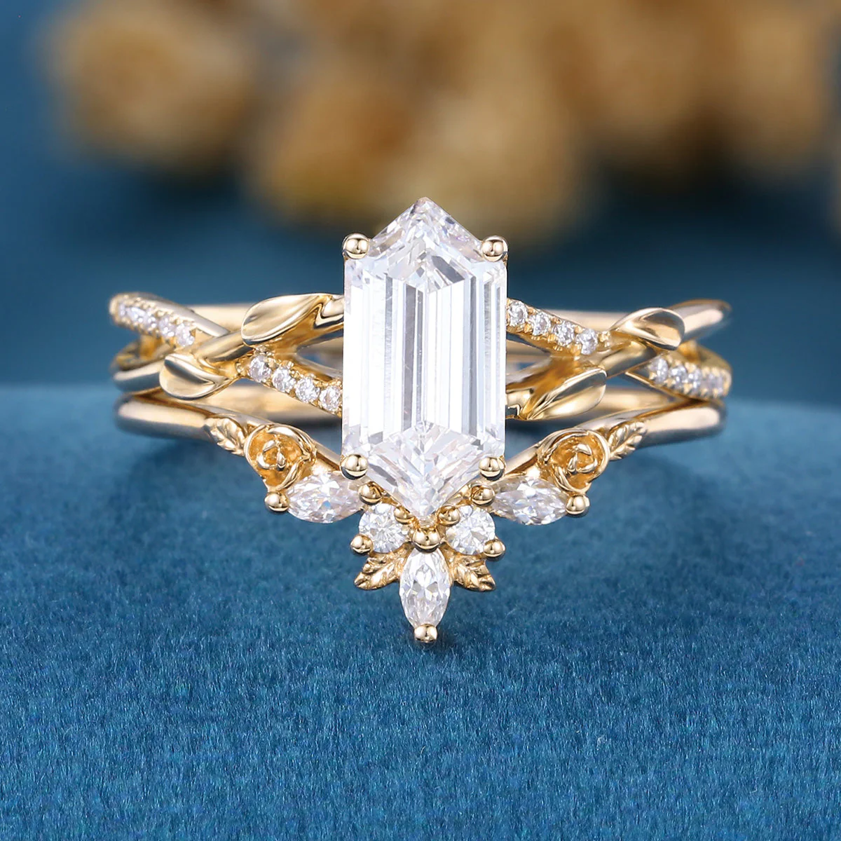 Long Hexagon cut Lab-Grown Diamond Wedding Bridal Set - Image 9