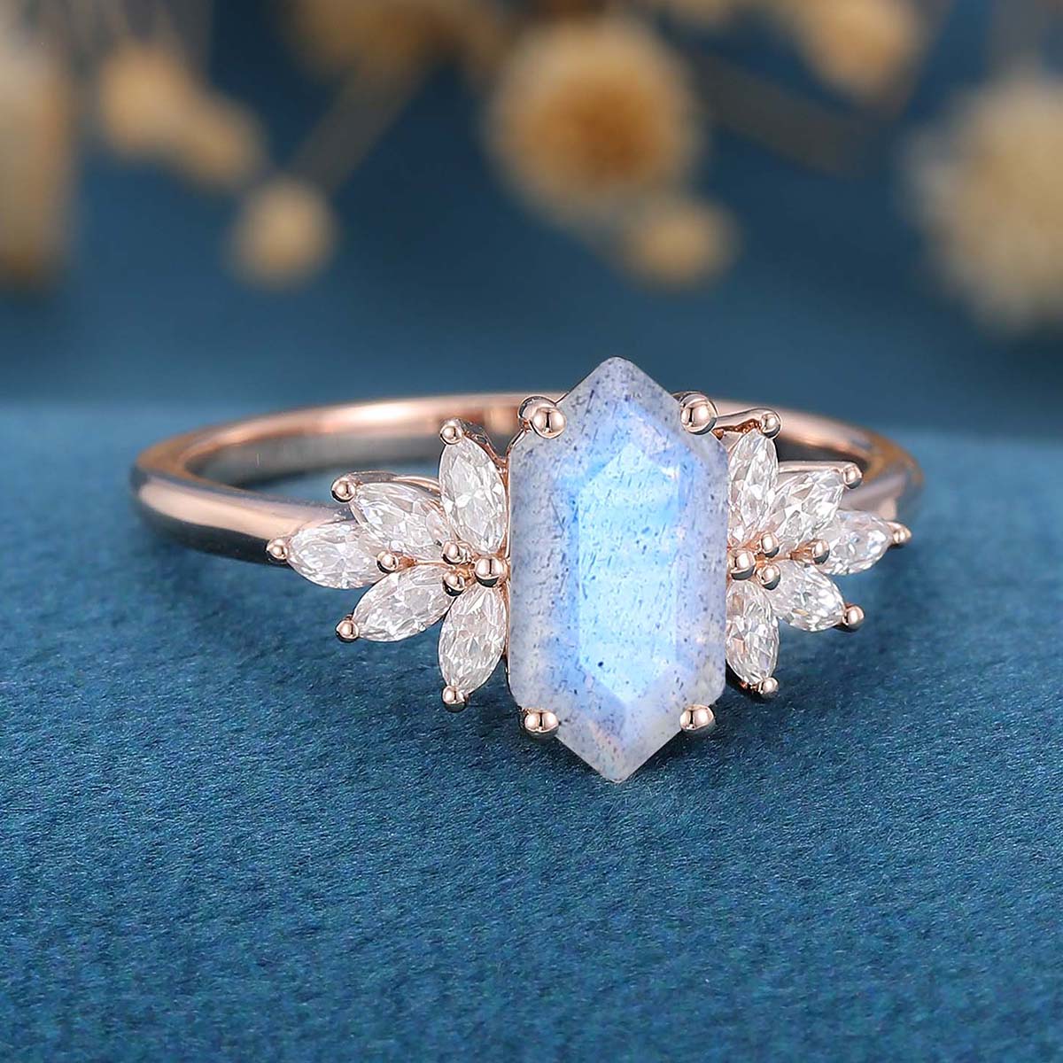 Long Hexagon Cut Labradorite Cluster Engagement Ring - Image 5