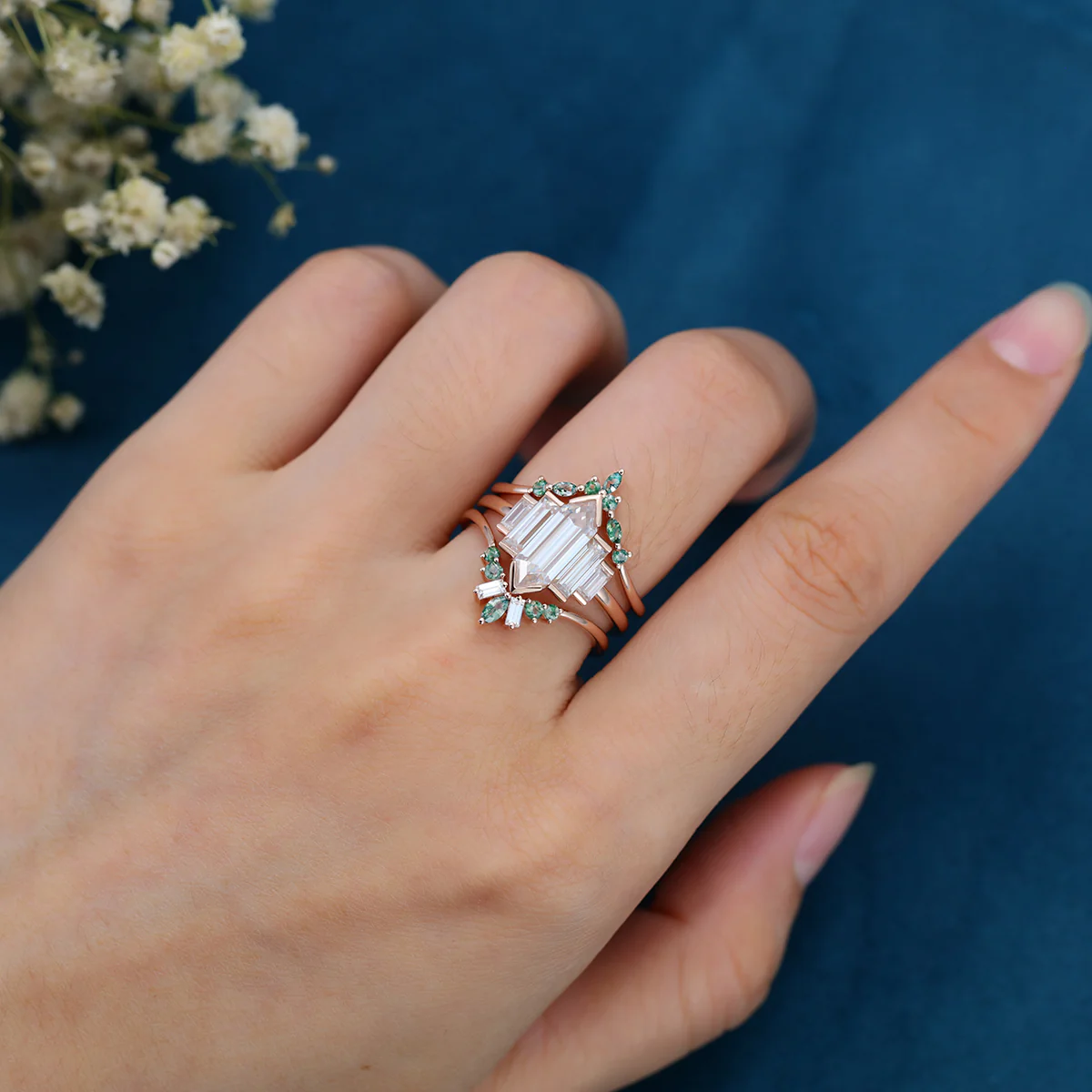 Long Hexagon cut Moissanite Bezel Engagement Ring Matching Curved Moss Agate band set - Image 2
