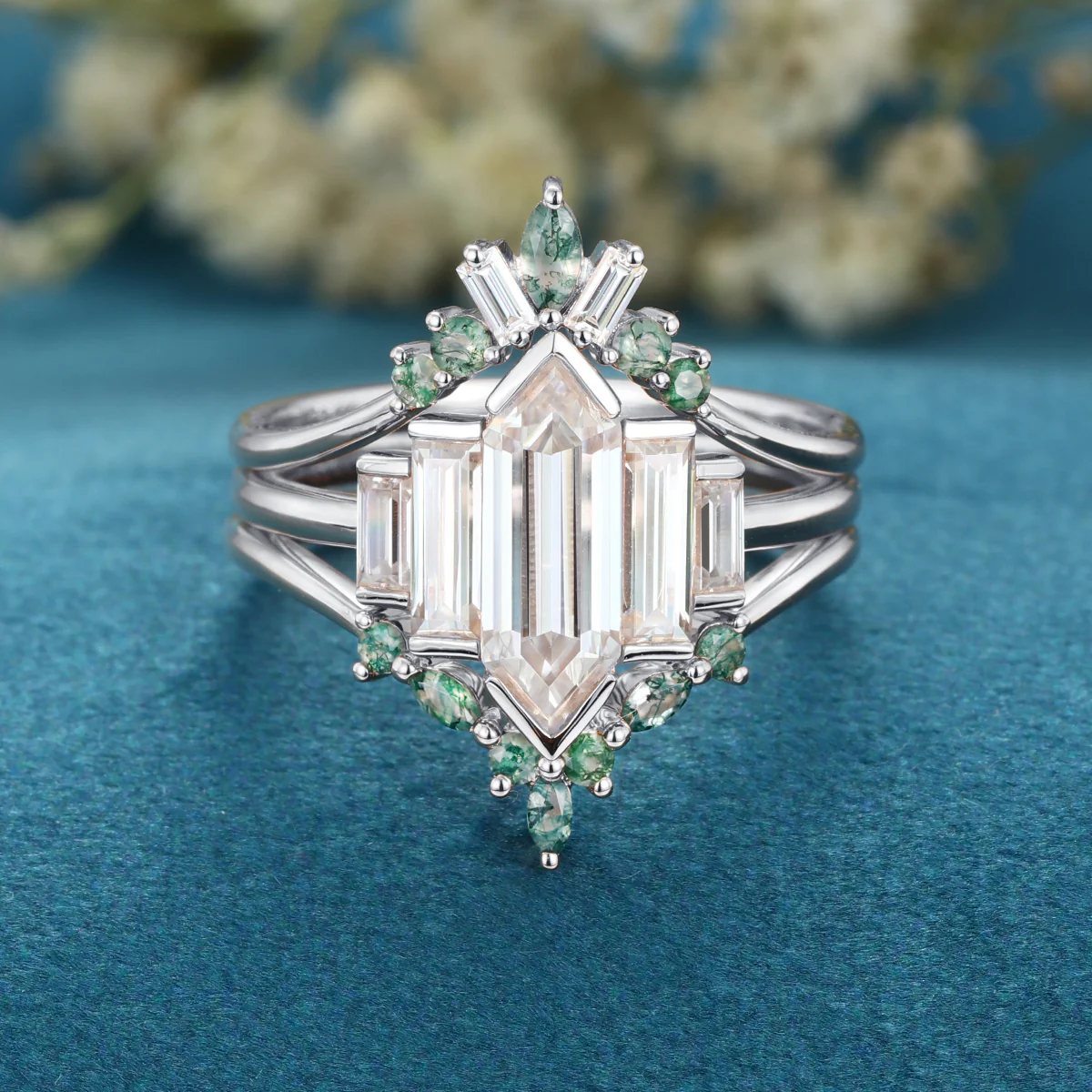 Long Hexagon cut Moissanite Bezel Engagement Ring Matching Curved Moss Agate band set - Image 9