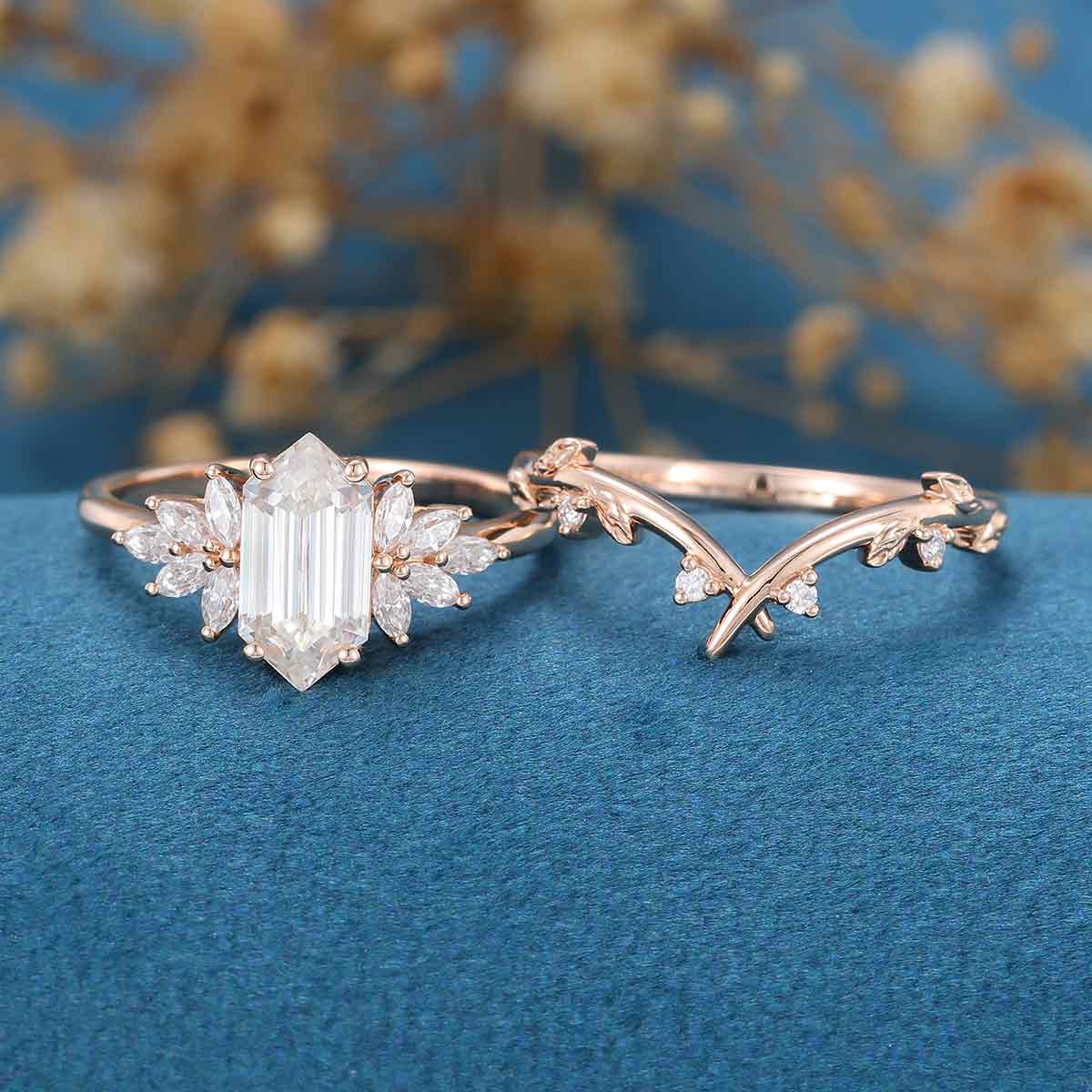 Long Hexagon cut Moissanite Engagement ring Bridal Set - Image 3