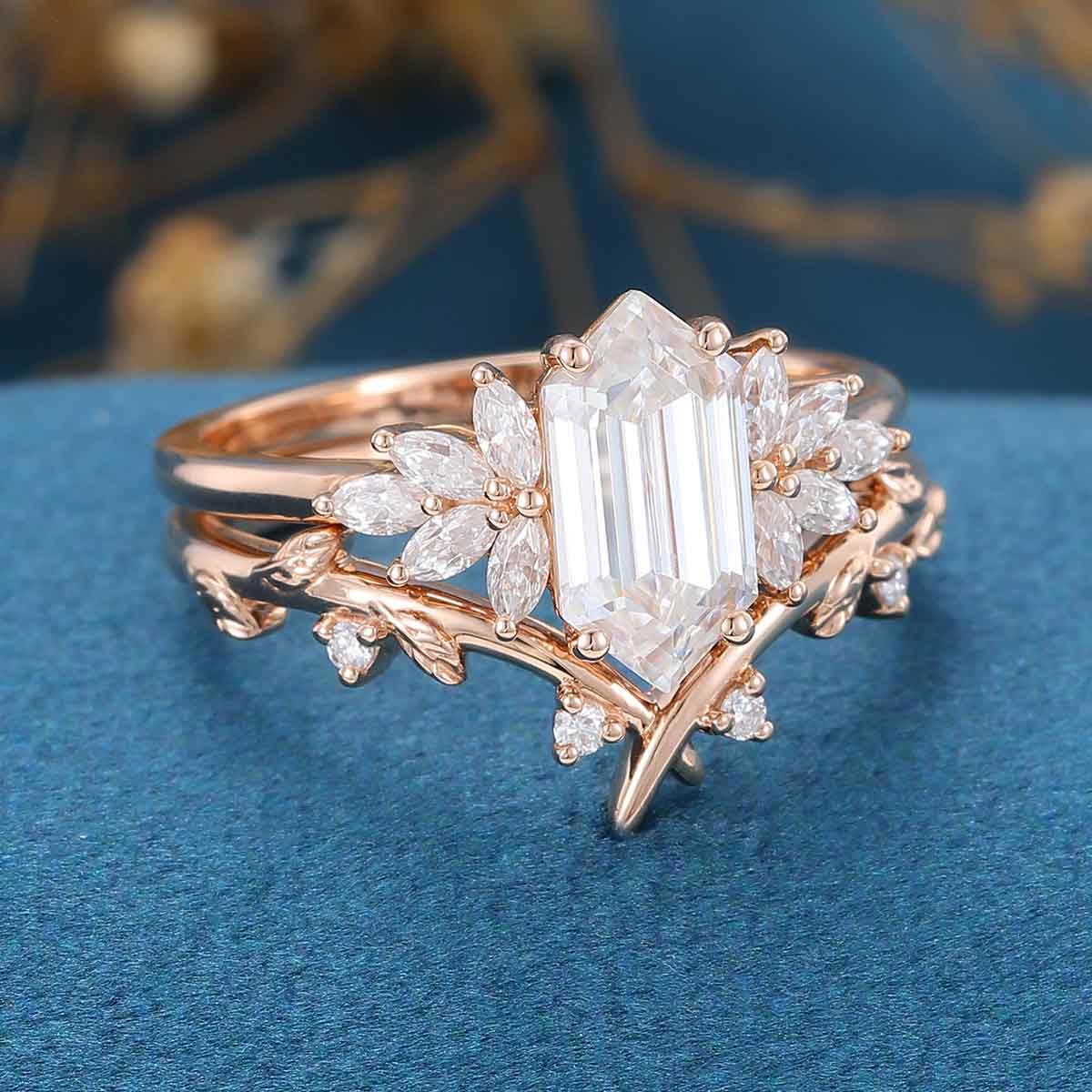 Long Hexagon cut Moissanite Engagement ring Bridal Set - Image 4