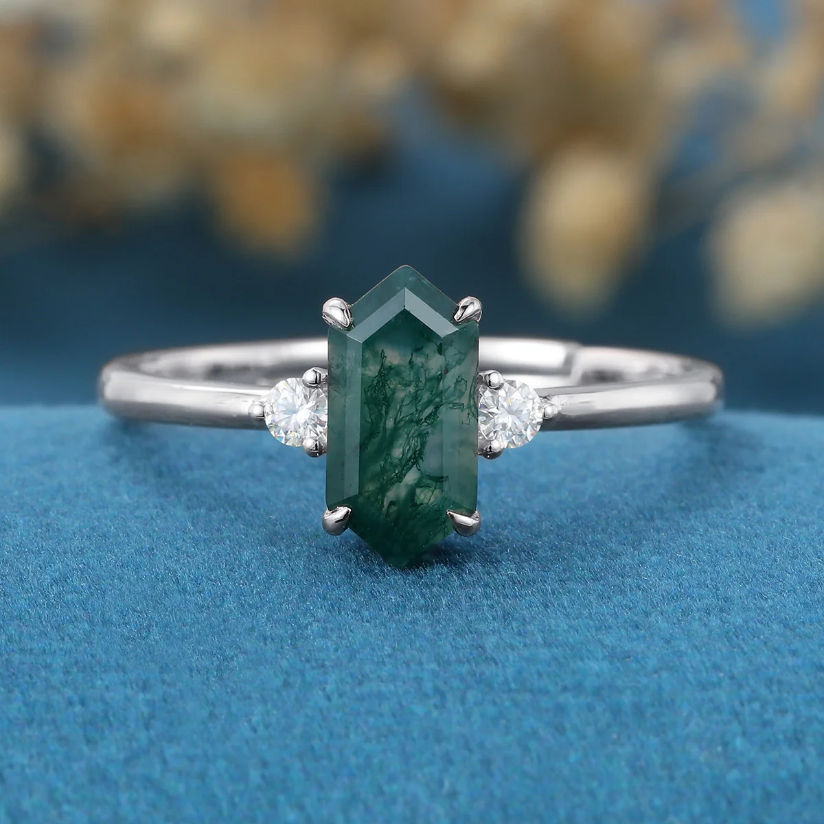 Long Hexagon cut Moss Agate Matching Moissanite | Diamonds Engagement ring - Image 7