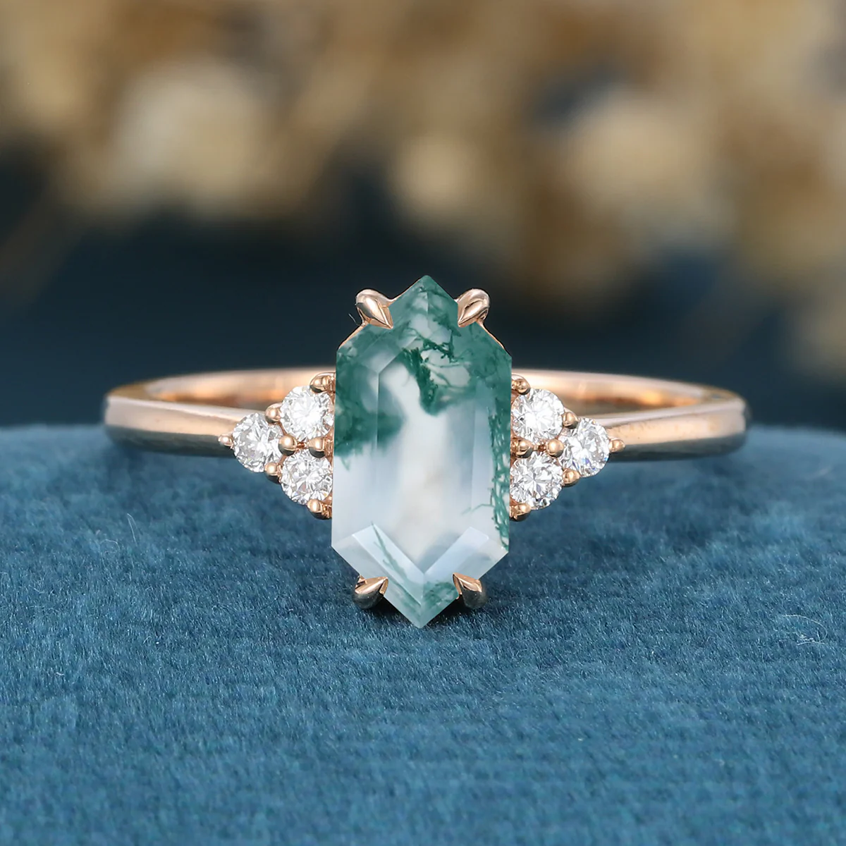 Long Hexagon cut Moss Agate Matching Moissanite | Diamonds Gold Engagement Ring - Image 3