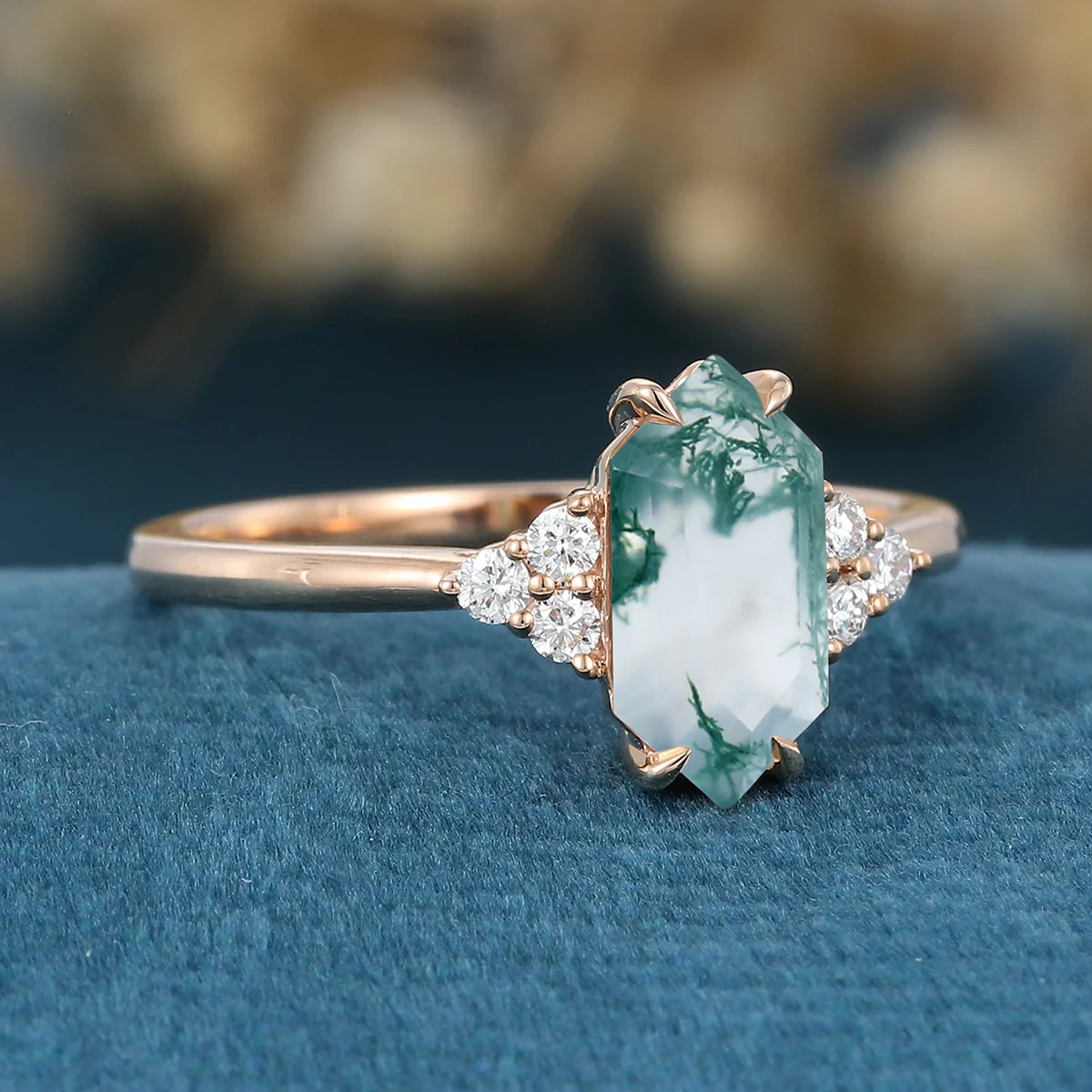 Long Hexagon cut Moss Agate Matching Moissanite | Diamonds Gold Engagement Ring - Image 4
