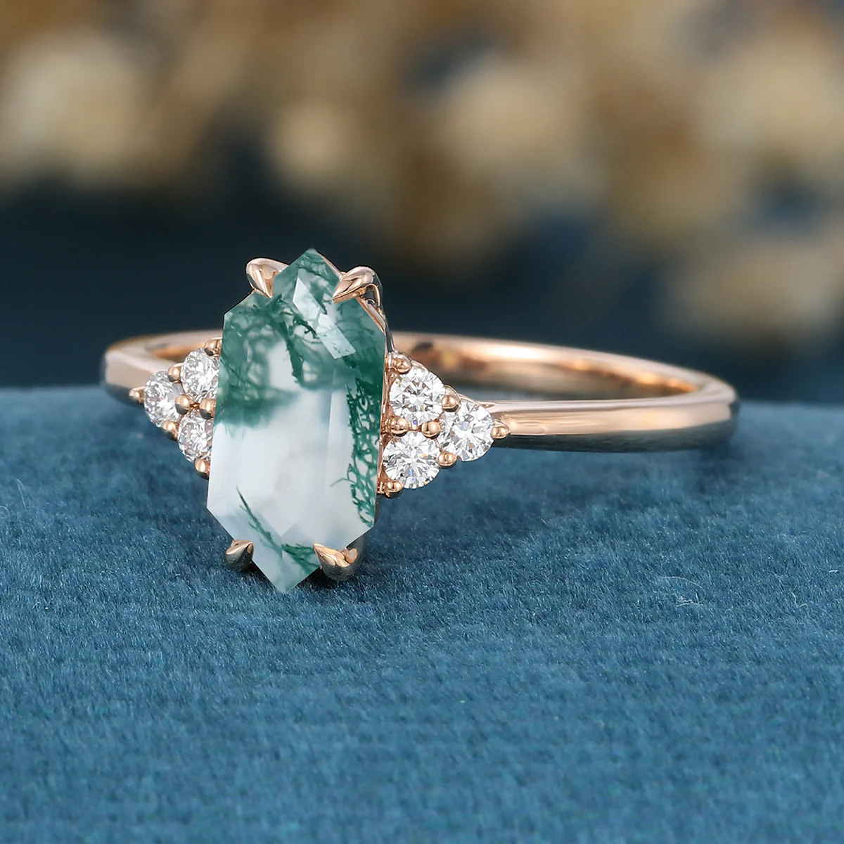 Long Hexagon cut Moss Agate Matching Moissanite | Diamonds Gold Engagement Ring - Image 5