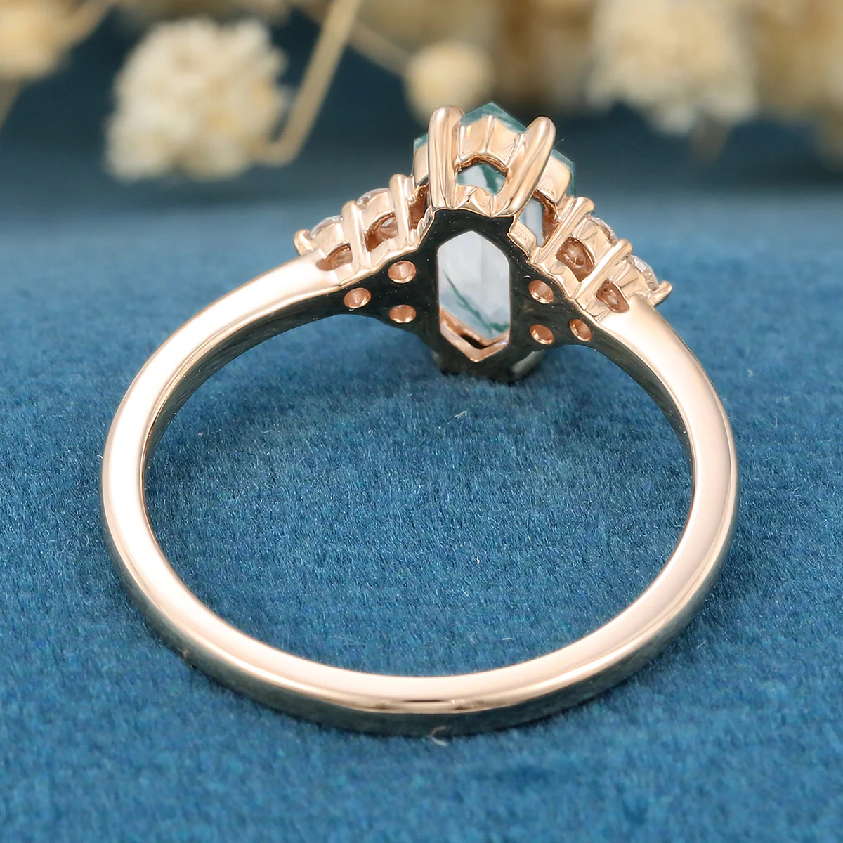 Long Hexagon cut Moss Agate Matching Moissanite | Diamonds Gold Engagement Ring - Image 6