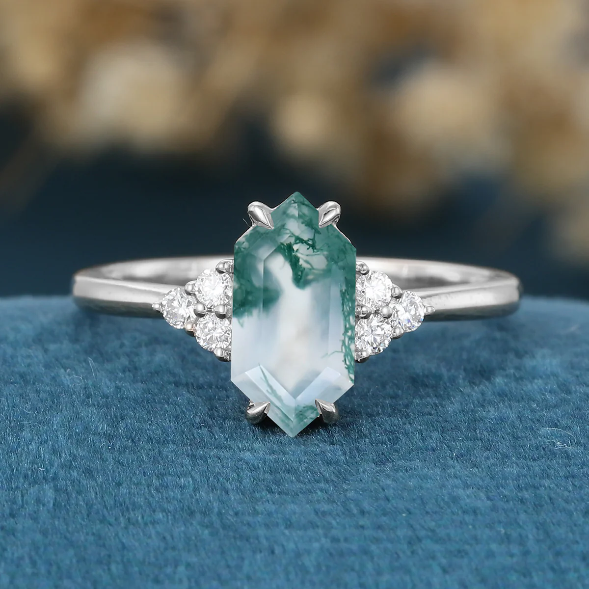 Long Hexagon cut Moss Agate Matching Moissanite | Diamonds Gold Engagement Ring - Image 7
