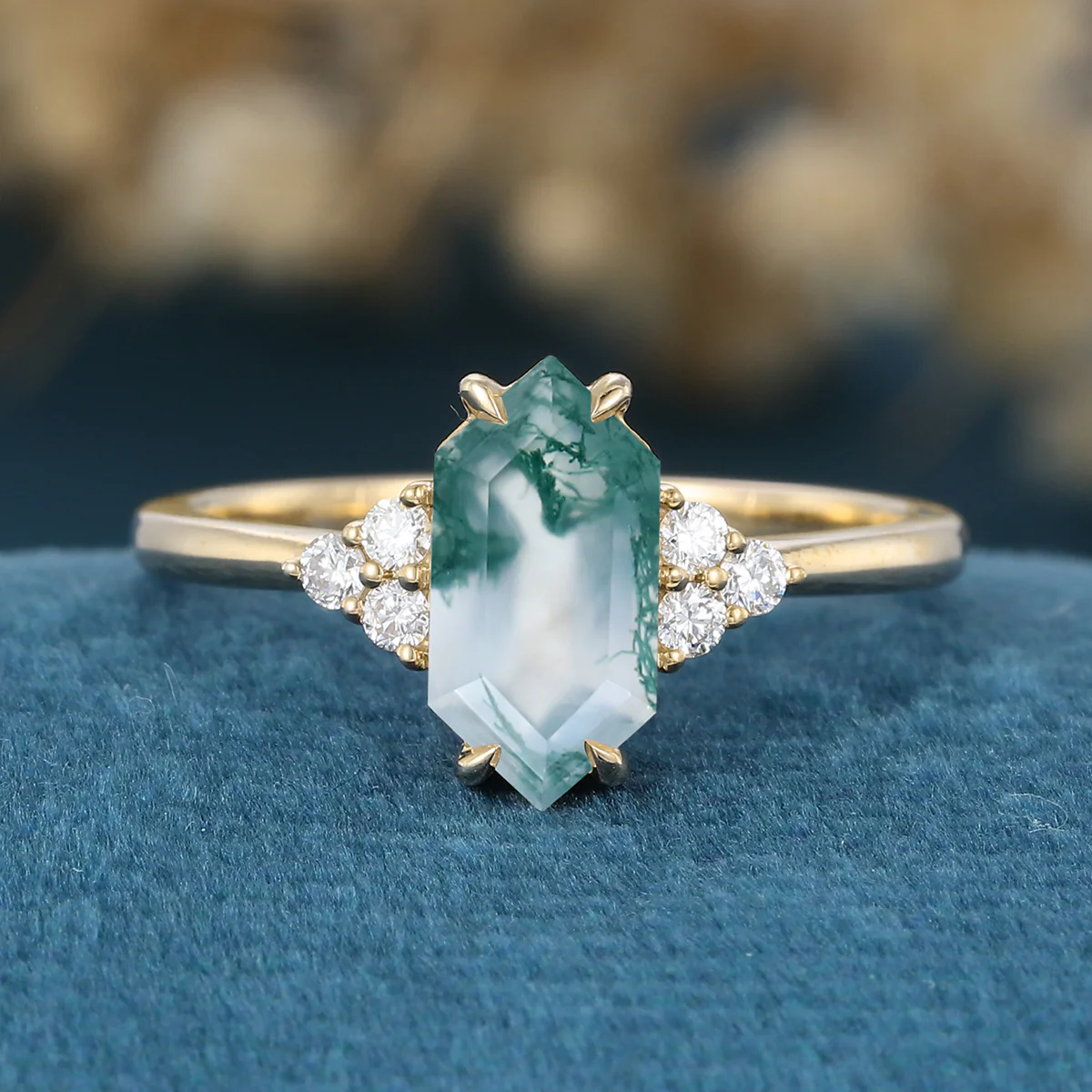 Long Hexagon cut Moss Agate Matching Moissanite | Diamonds Gold Engagement Ring - Image 8