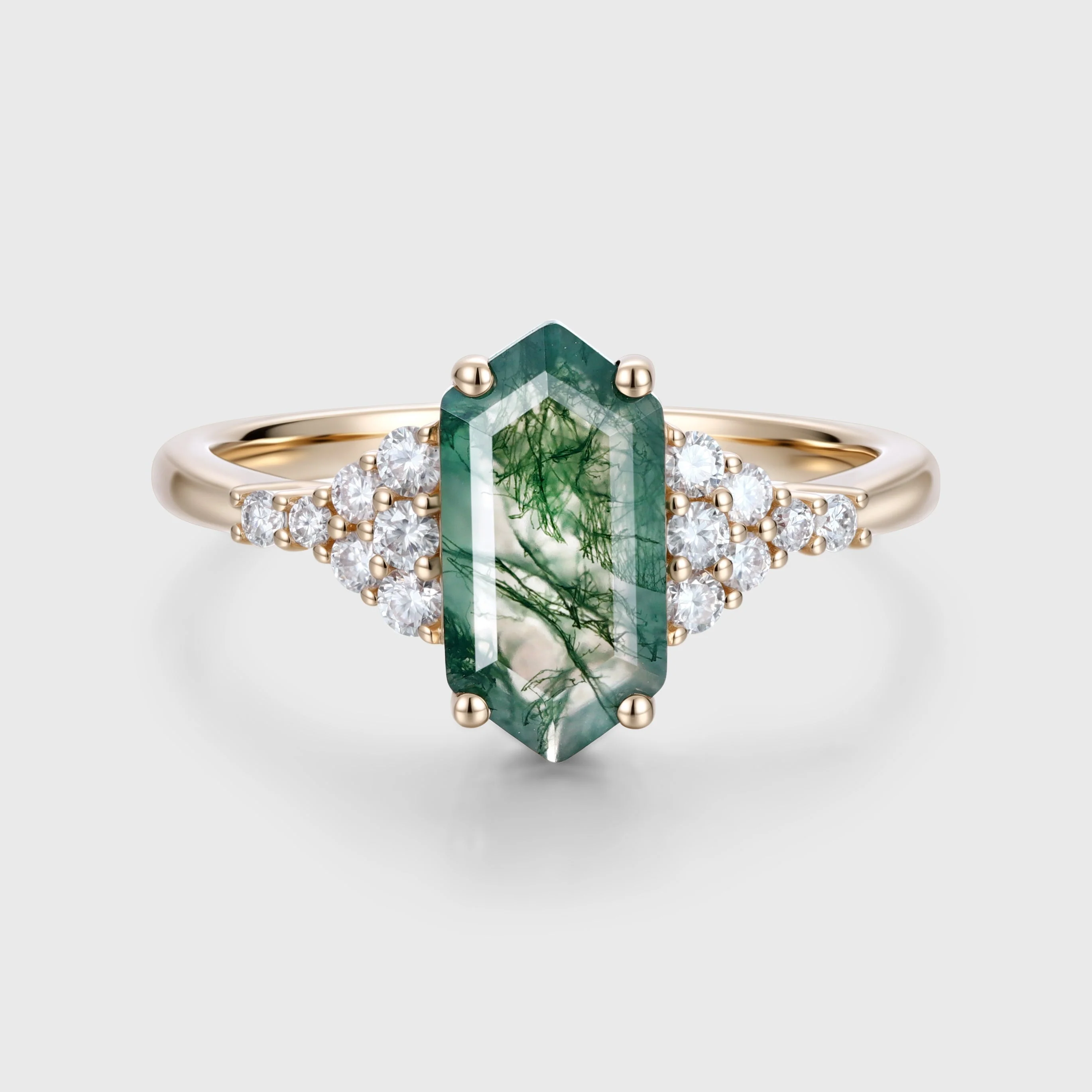 Long Hexagon cut Moss Agate Matching Moissanite | Diamonds Gold Engagement Ring - Image 3