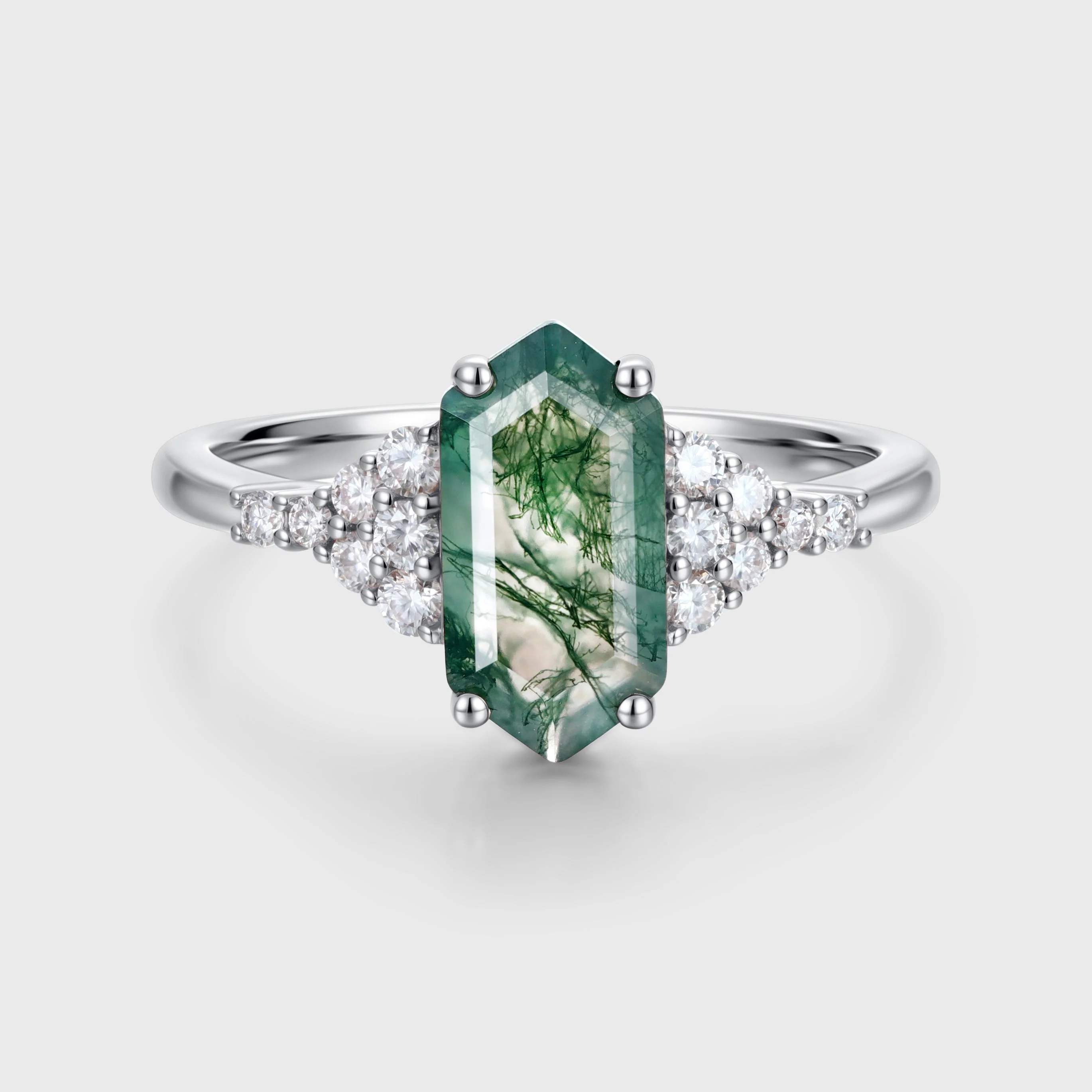Long Hexagon cut Moss Agate Matching Moissanite | Diamonds Gold Engagement Ring - Image 4