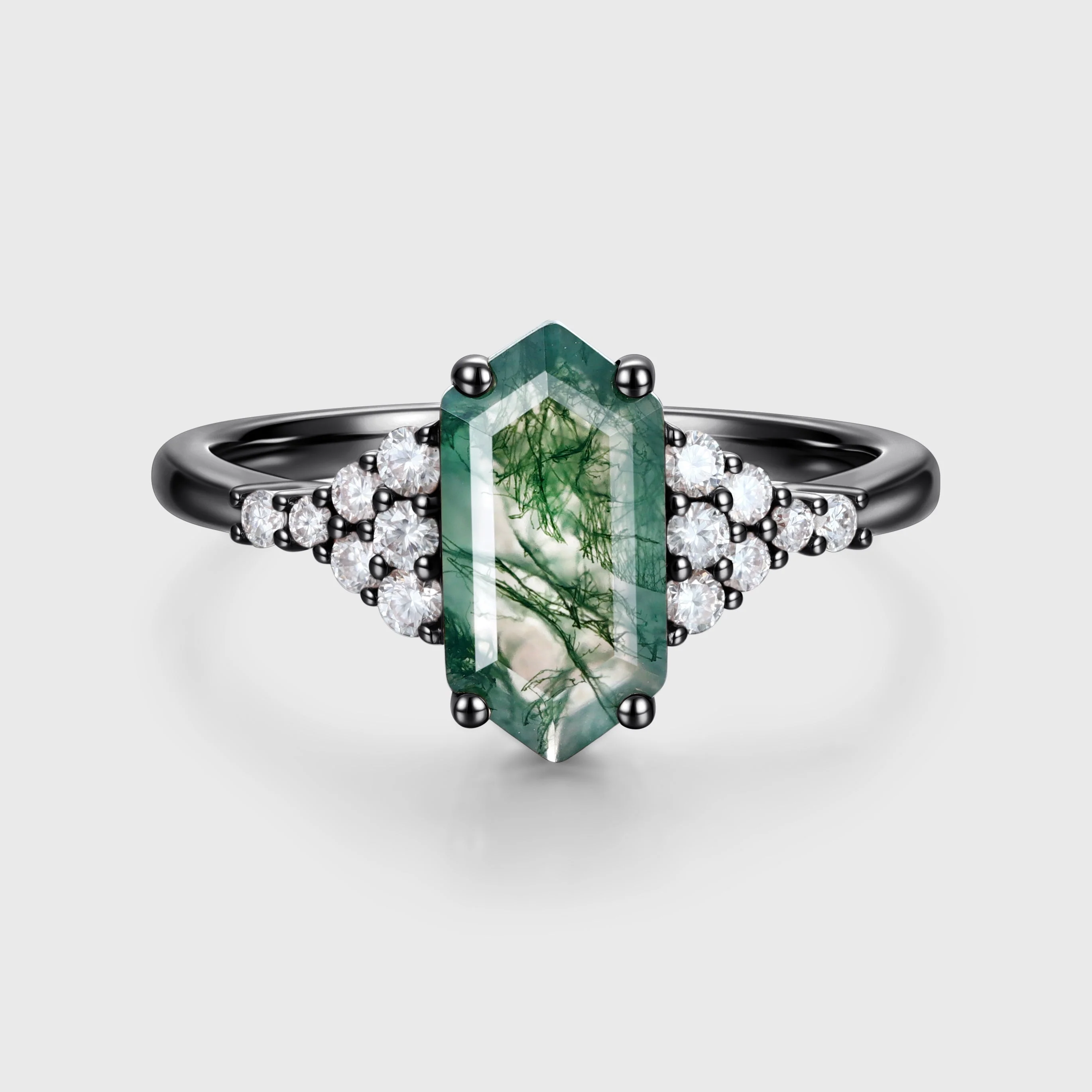 Long Hexagon cut Moss Agate Matching Moissanite | Diamonds Gold Engagement Ring - Image 5