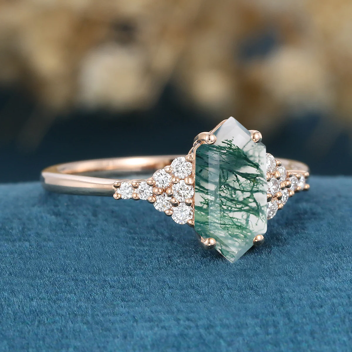 Long Hexagon cut Moss Agate Matching Moissanite | Diamonds Gold Engagement Ring - Image 6