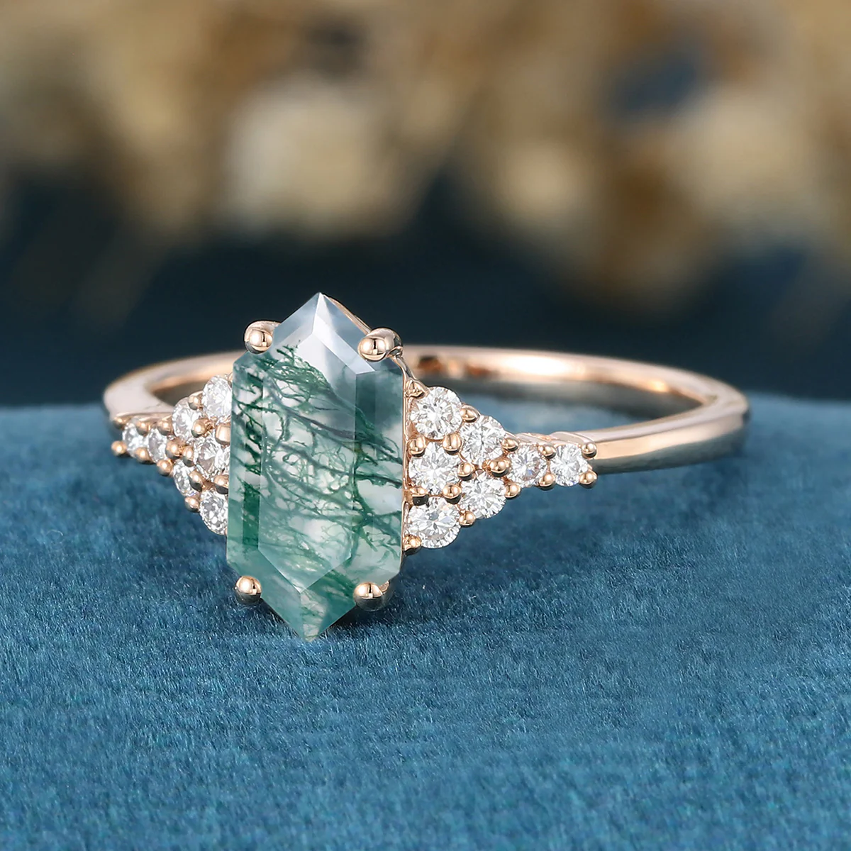 Long Hexagon cut Moss Agate Matching Moissanite | Diamonds Gold Engagement Ring - Image 7
