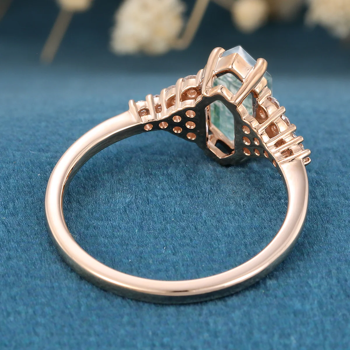 Long Hexagon cut Moss Agate Matching Moissanite | Diamonds Gold Engagement Ring - Image 8